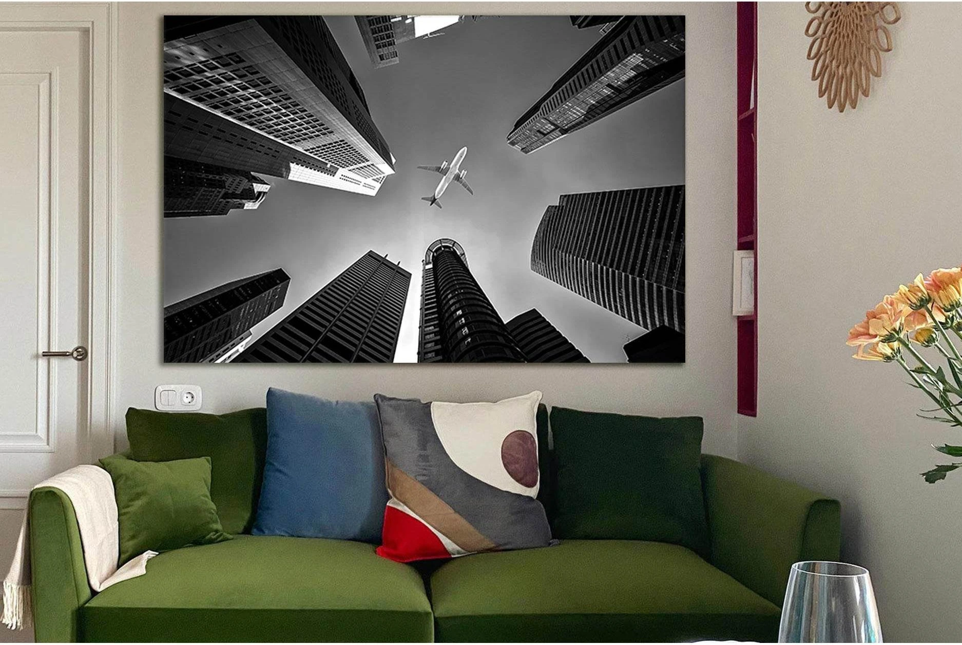 Airplane Flying Over Buildings №SL836 Ready to Hang Canvas Print - Zellart Canvas Prints 0new, ALL_Products, Black & White Wall Art