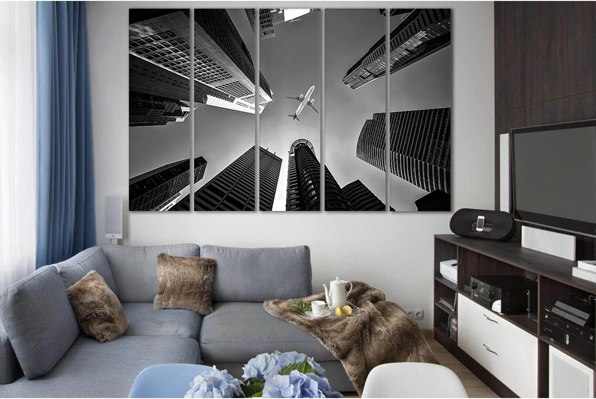 Airplane Flying Over Buildings №SL836 Ready to Hang Canvas Print - Zellart Canvas Prints 0new, ALL_Products, Black & White Wall Art
