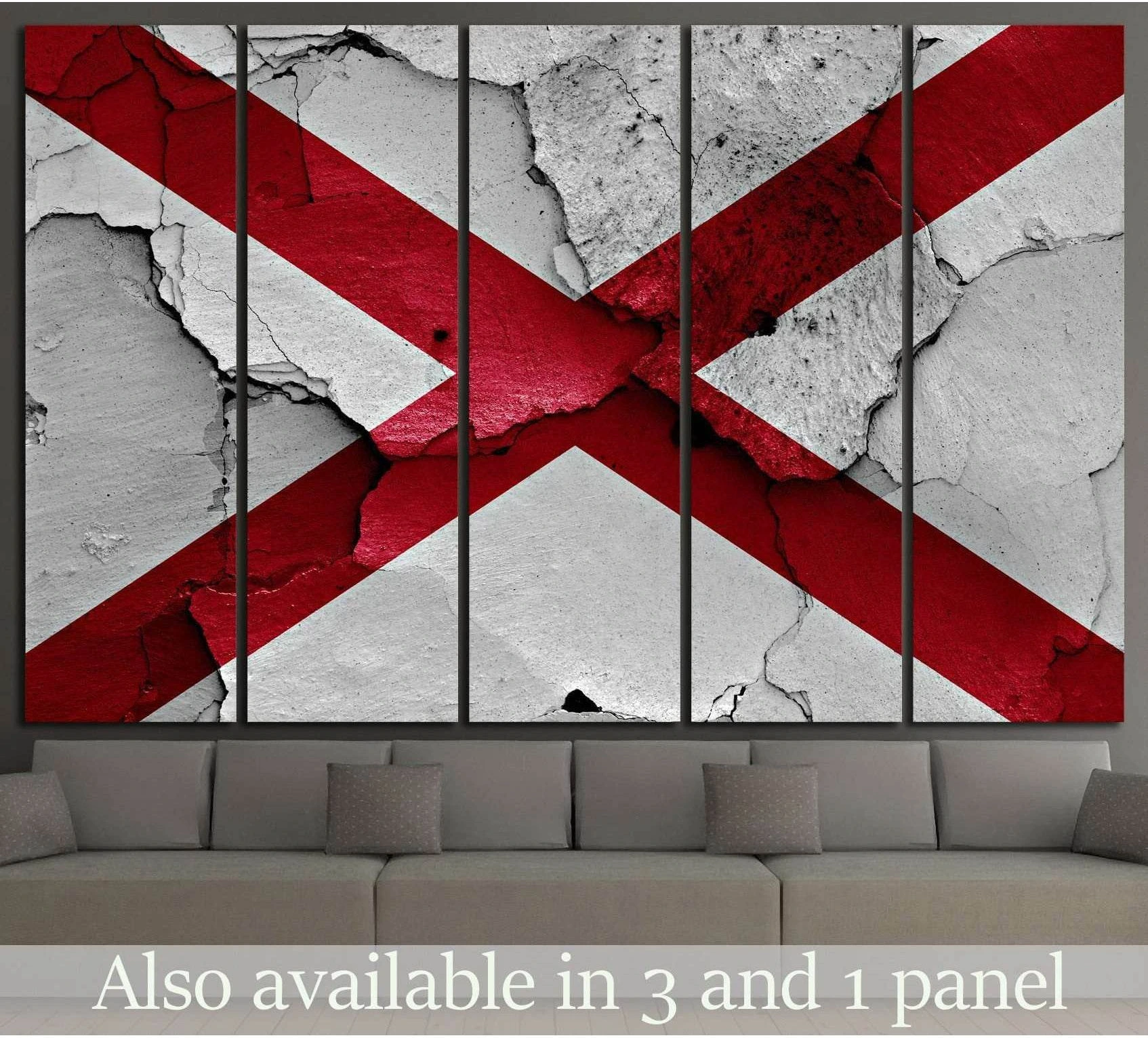 Alabama state flag canvas print with distressed red cross on cracked white wall, displayed above a sofa