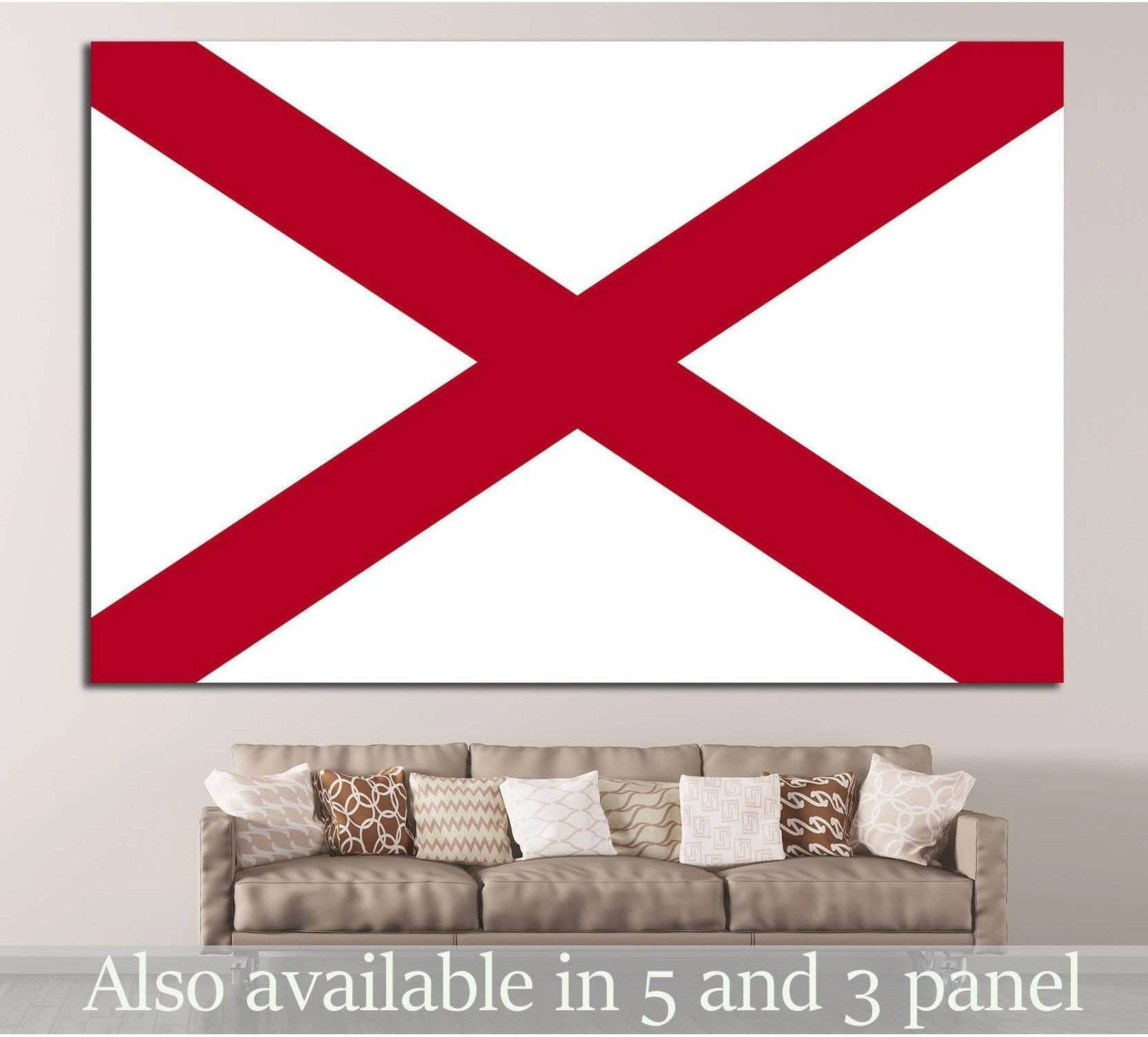Alabama state flag canvas print with bold red saltire on white, displayed above a sofa in a neutral living room