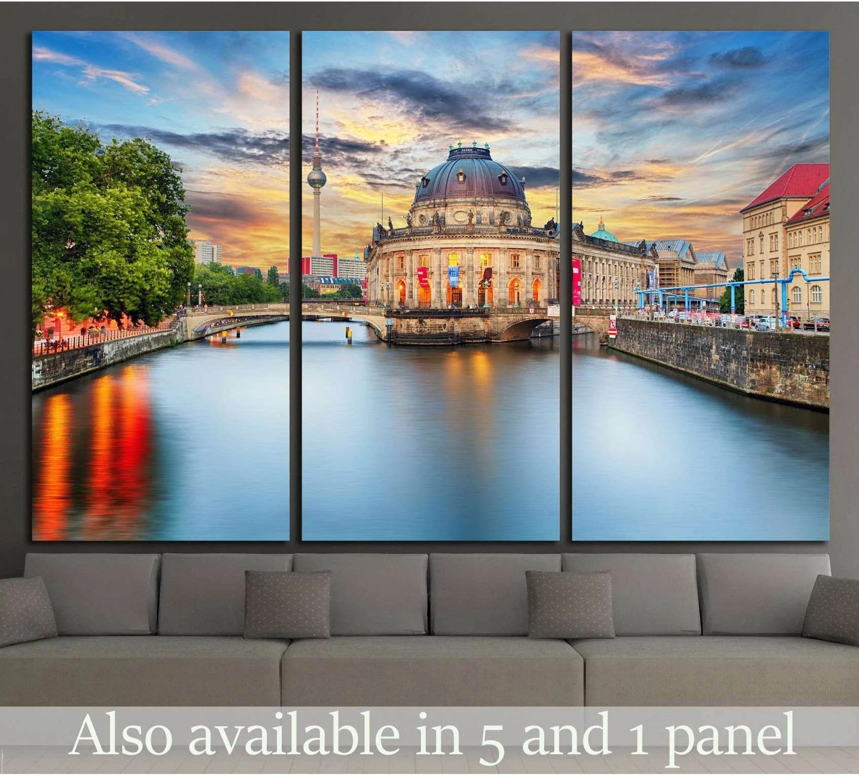 Berlin TV Tower and Bode Museum sunset triptych canvas print above sofa in modern living room