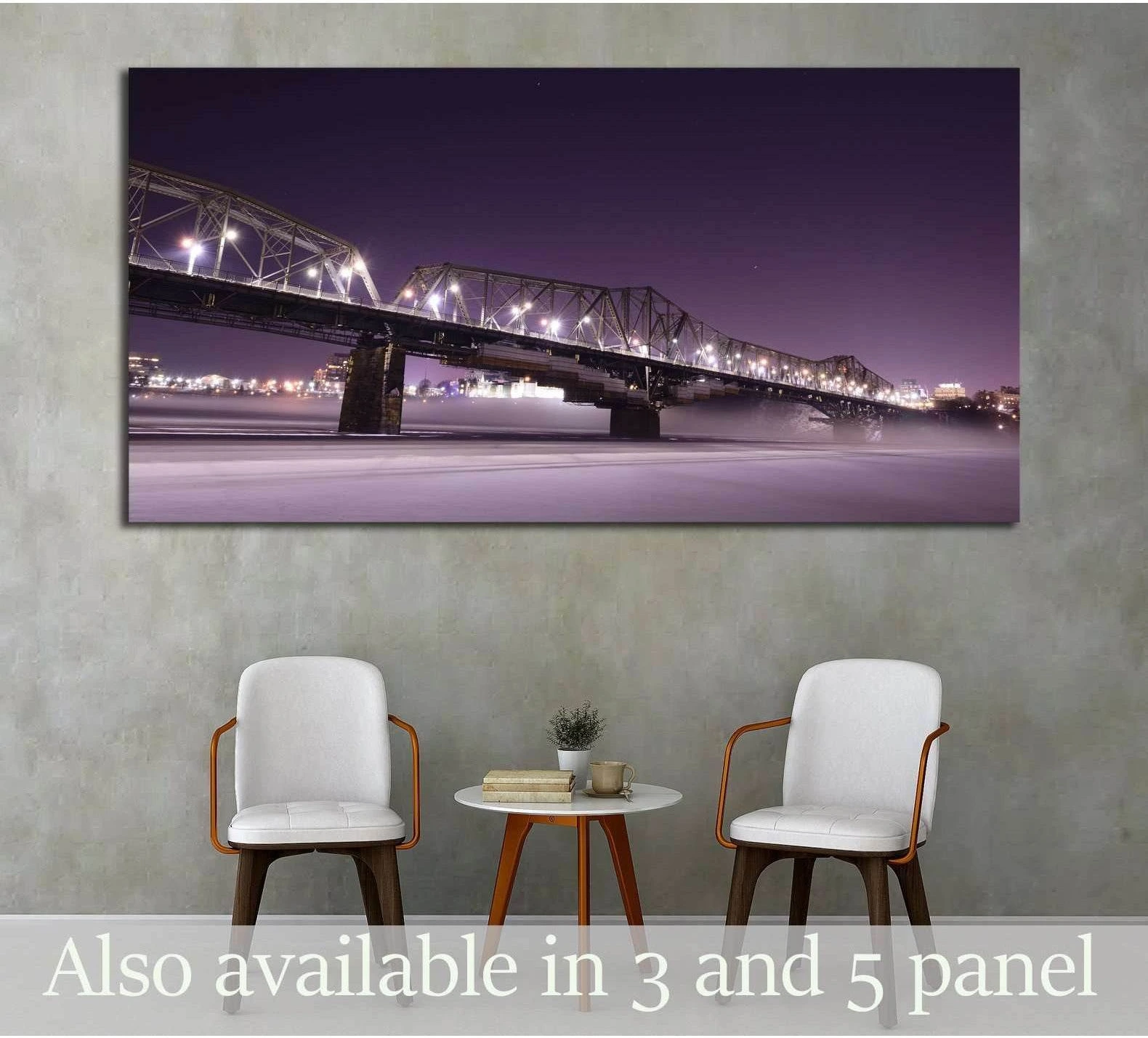 Alexandra Bridge night canvas print above chairs in a modern room with violet Ottawa cityscape tones