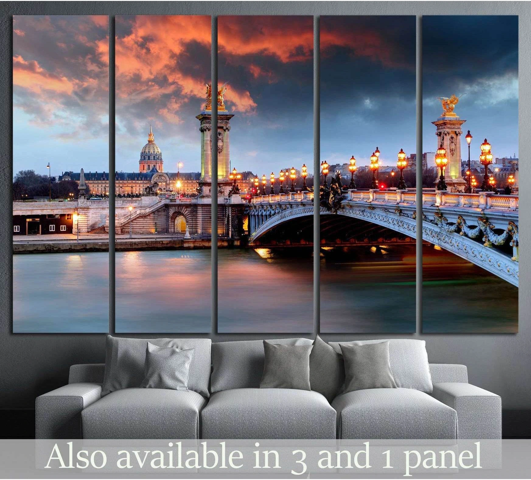 Pont Alexandre III bridge Paris canvas print above sofa with glowing lamps at sunset