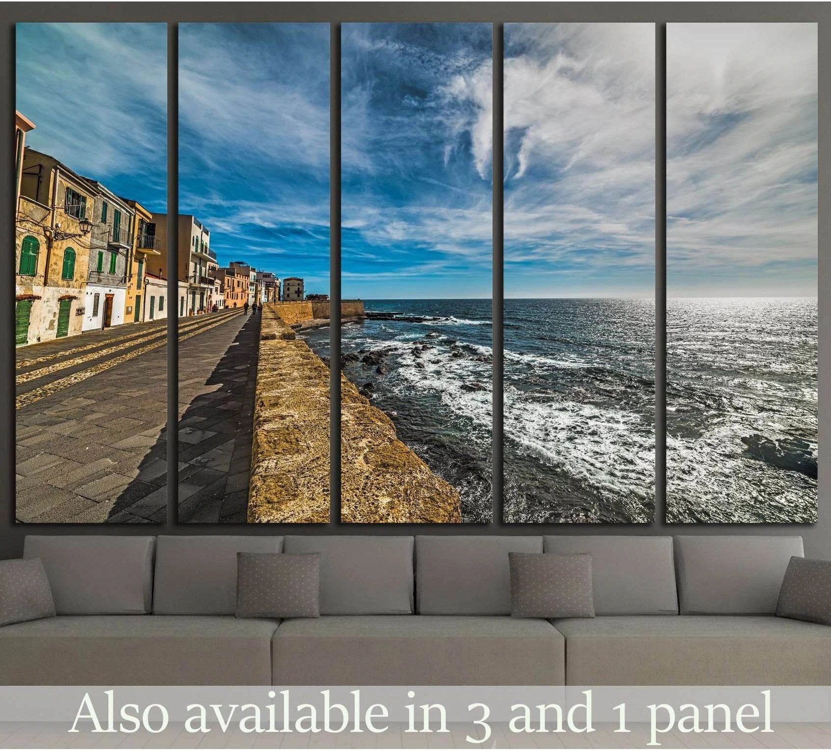 Alghero seafront canvas print above sofa with Sardinia promenade, old town buildings, and blue sea
