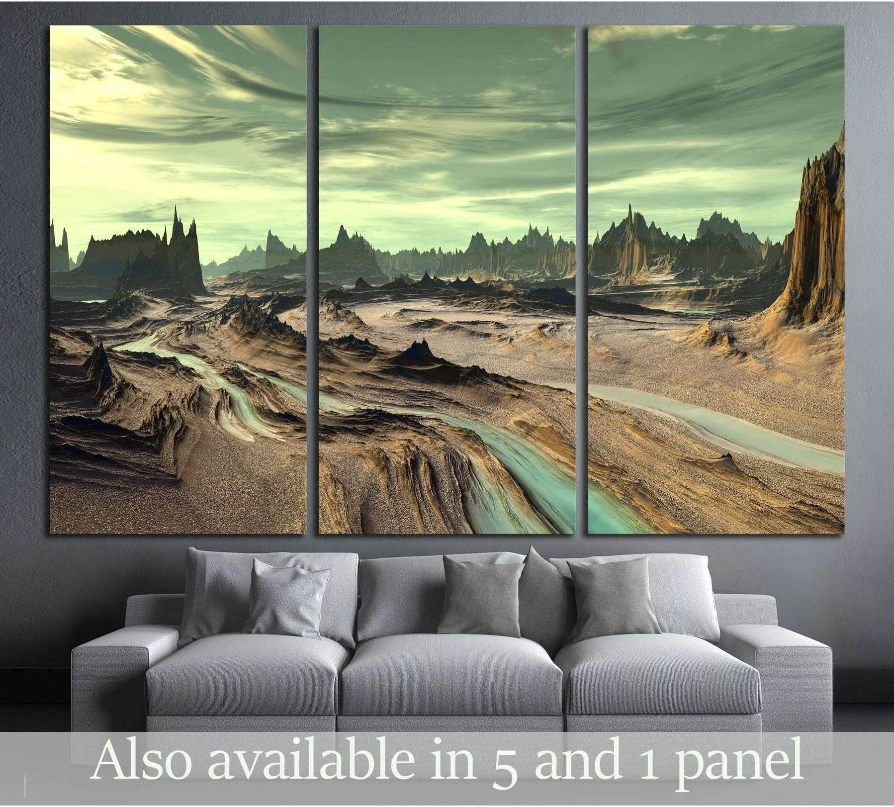 Alien planet triptych canvas print with rocky desert, turquoise river, and green sci-fi sky above a sofa