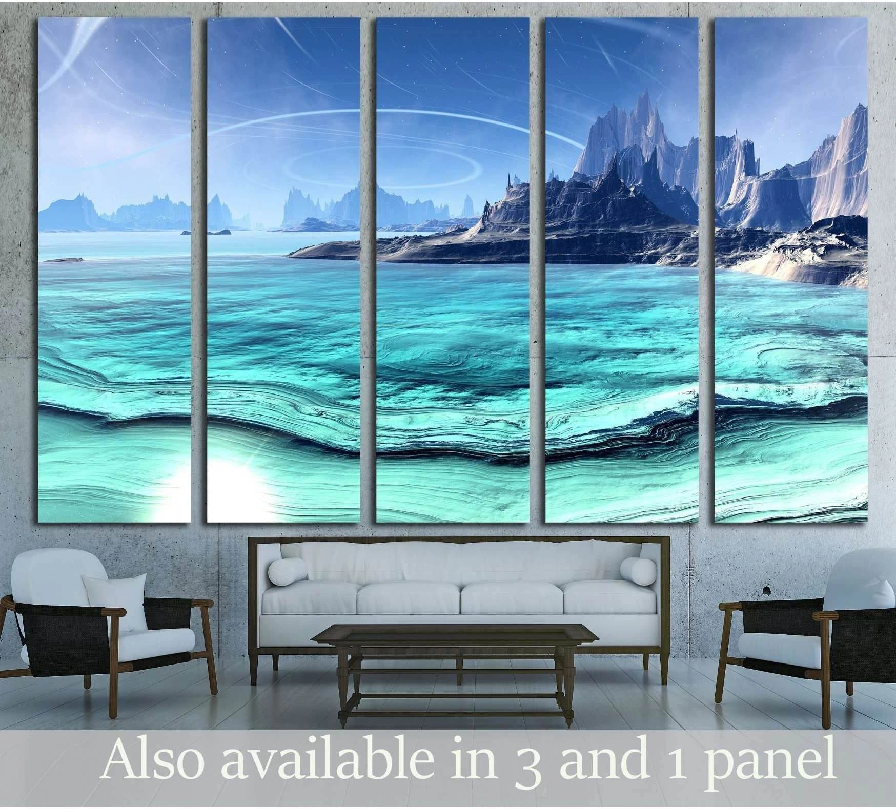 Alien Planet - 3D Rendered Computer Artwork. Rocks and lake showing blue ocean wall art with water and coastal depth.