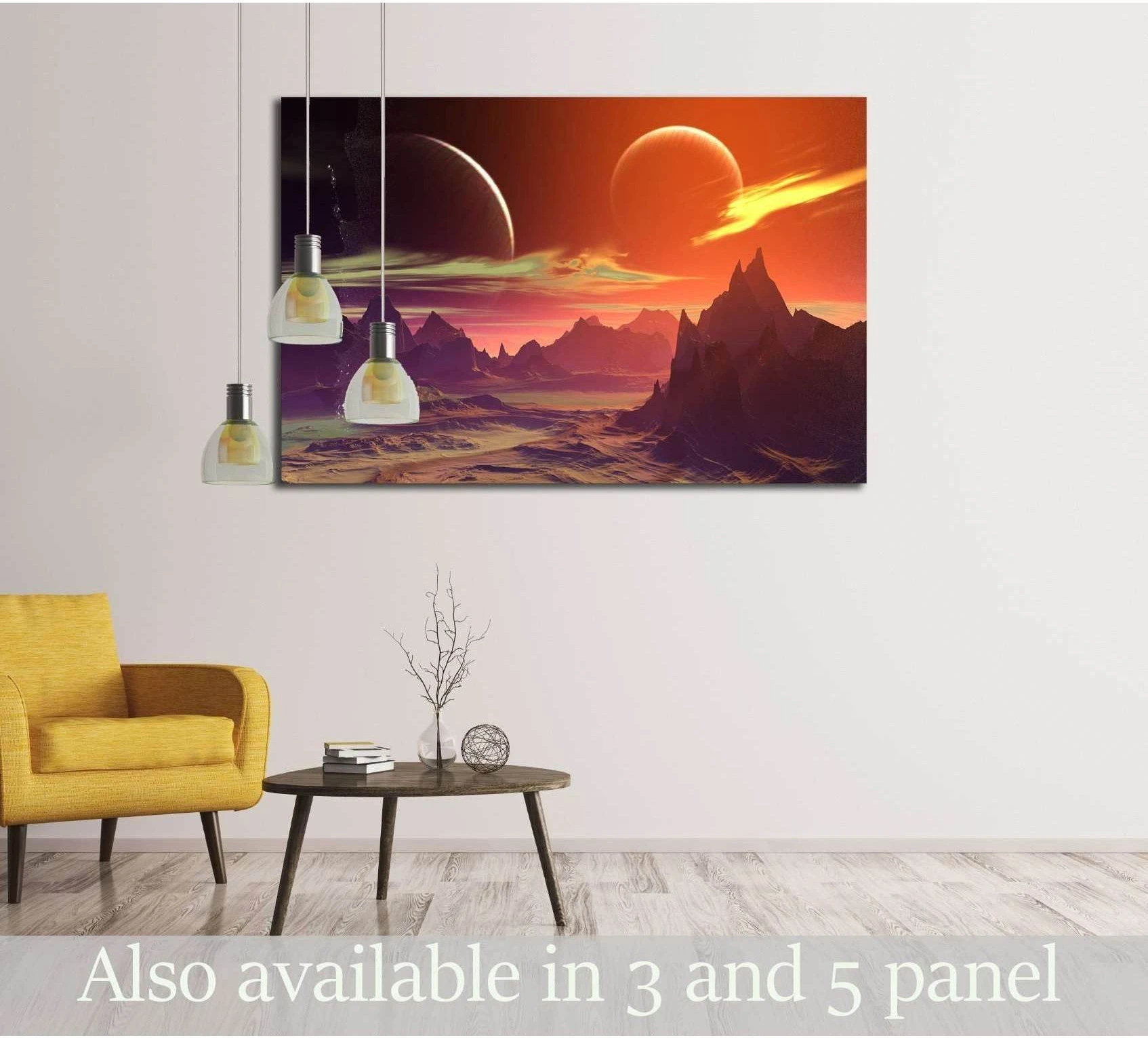 Alien planet canvas print with twin moons and rocky sci-fi landscape above sofa in modern room