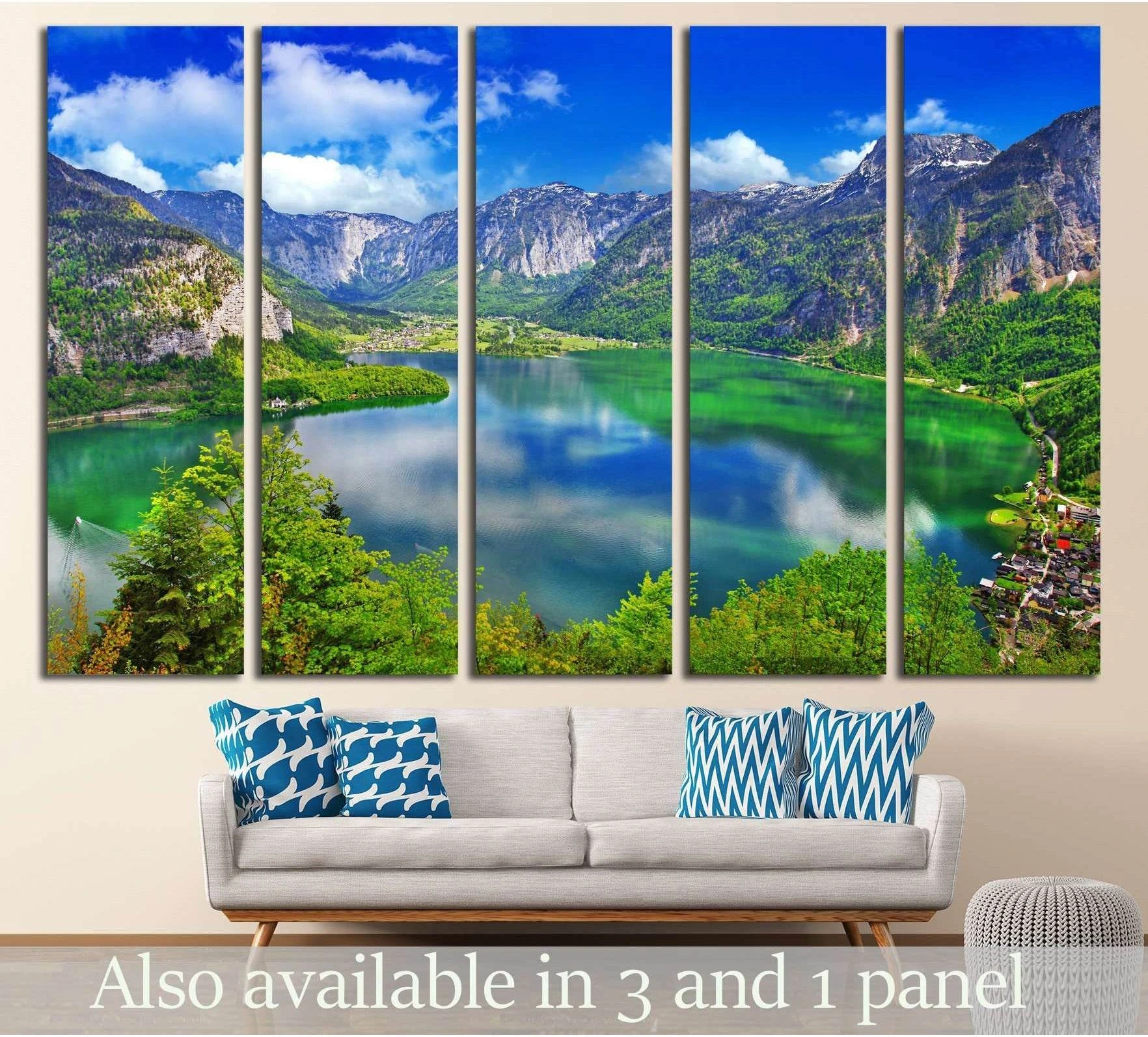 Hallstatt alpine lake canvas print hung above sofa in a modern living room