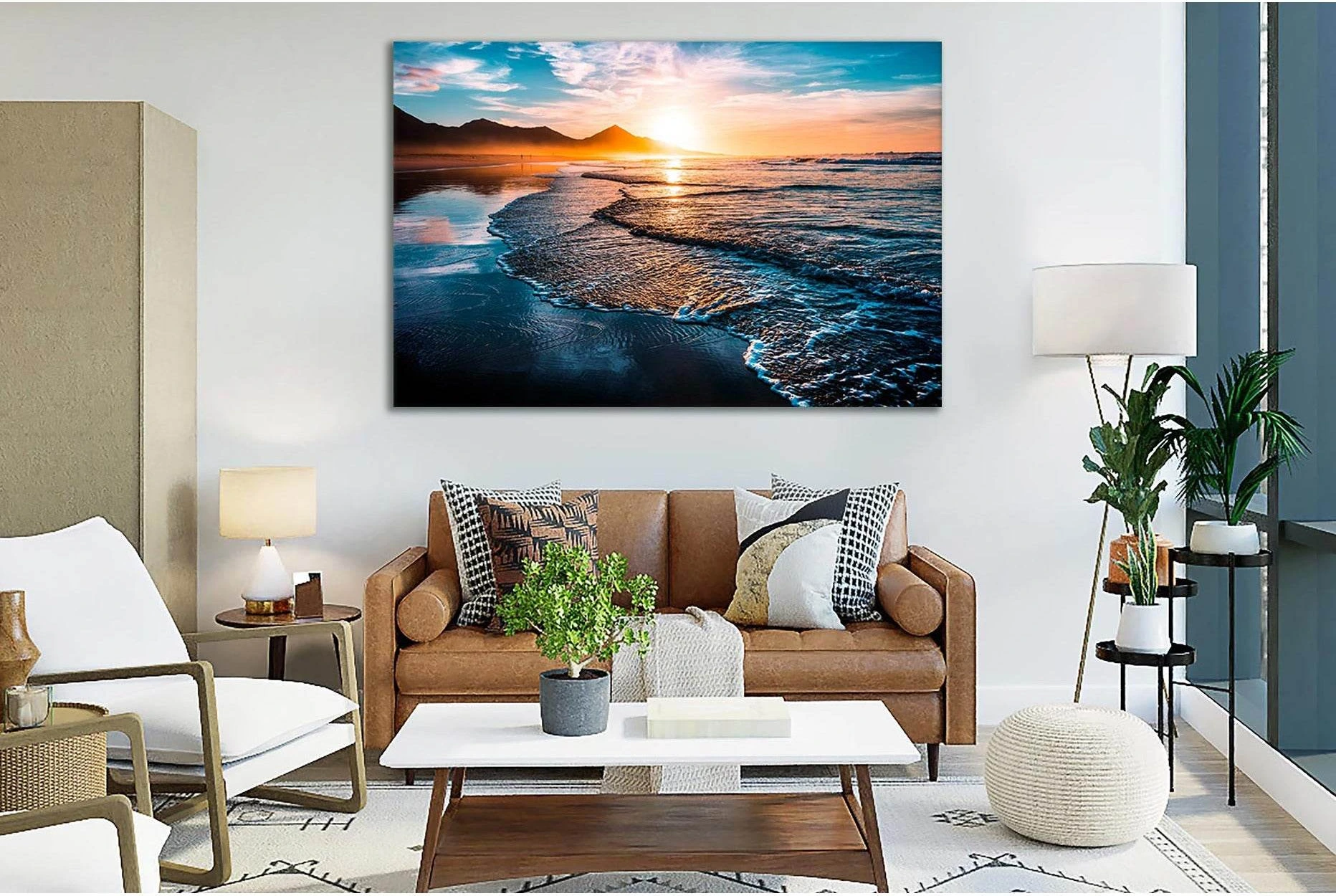 Blue Ocean Sunset Beach Scene Canvas Print Wall Art showing sea water, shoreline and horizon depth.