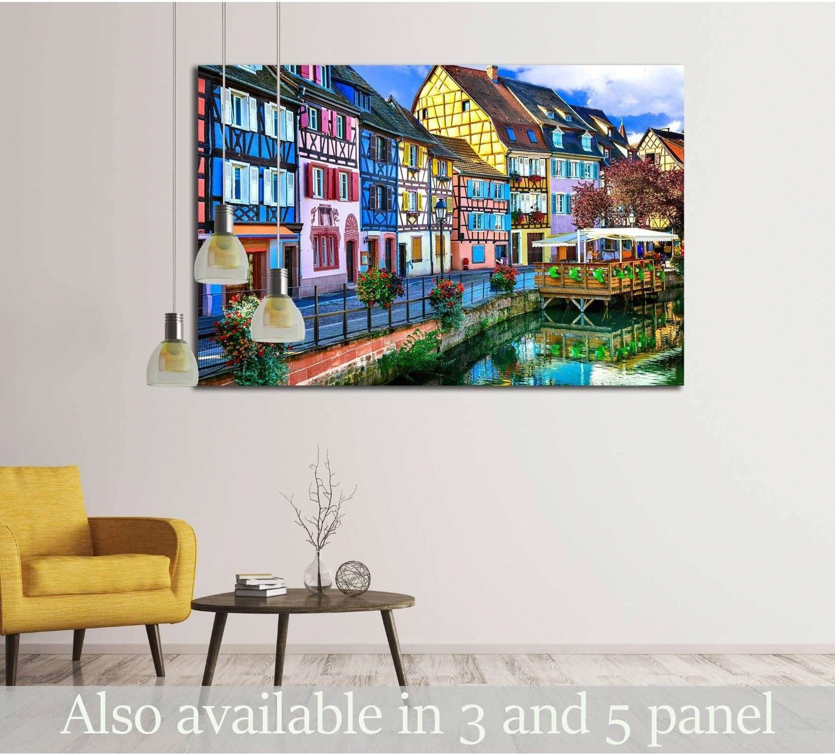 Colorful Colmar canal houses canvas print displayed above a sofa in a modern living room
