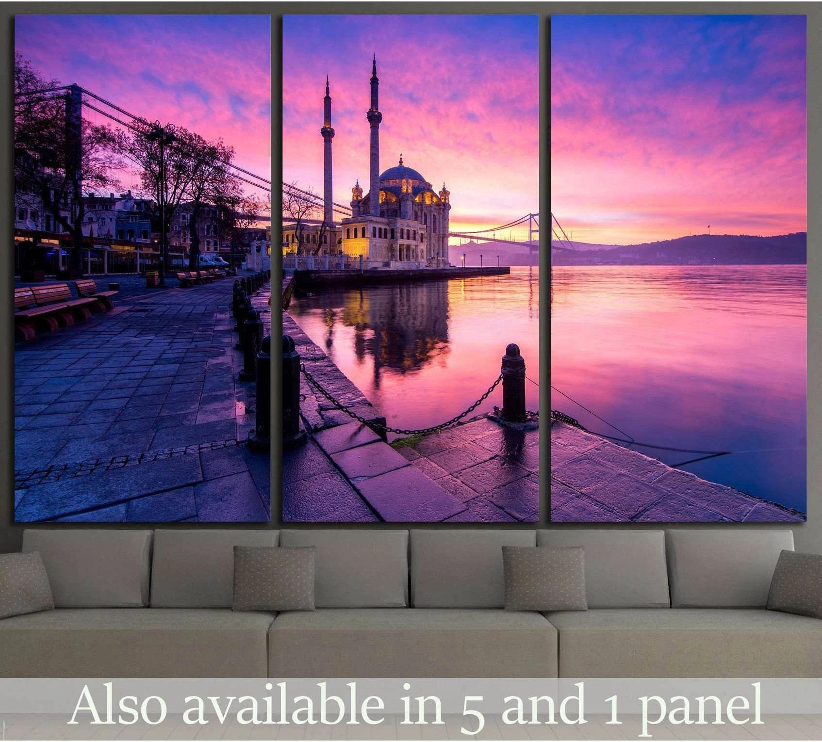 Ortakoy Mosque triptych canvas print with pink Bosphorus sunrise above sofa