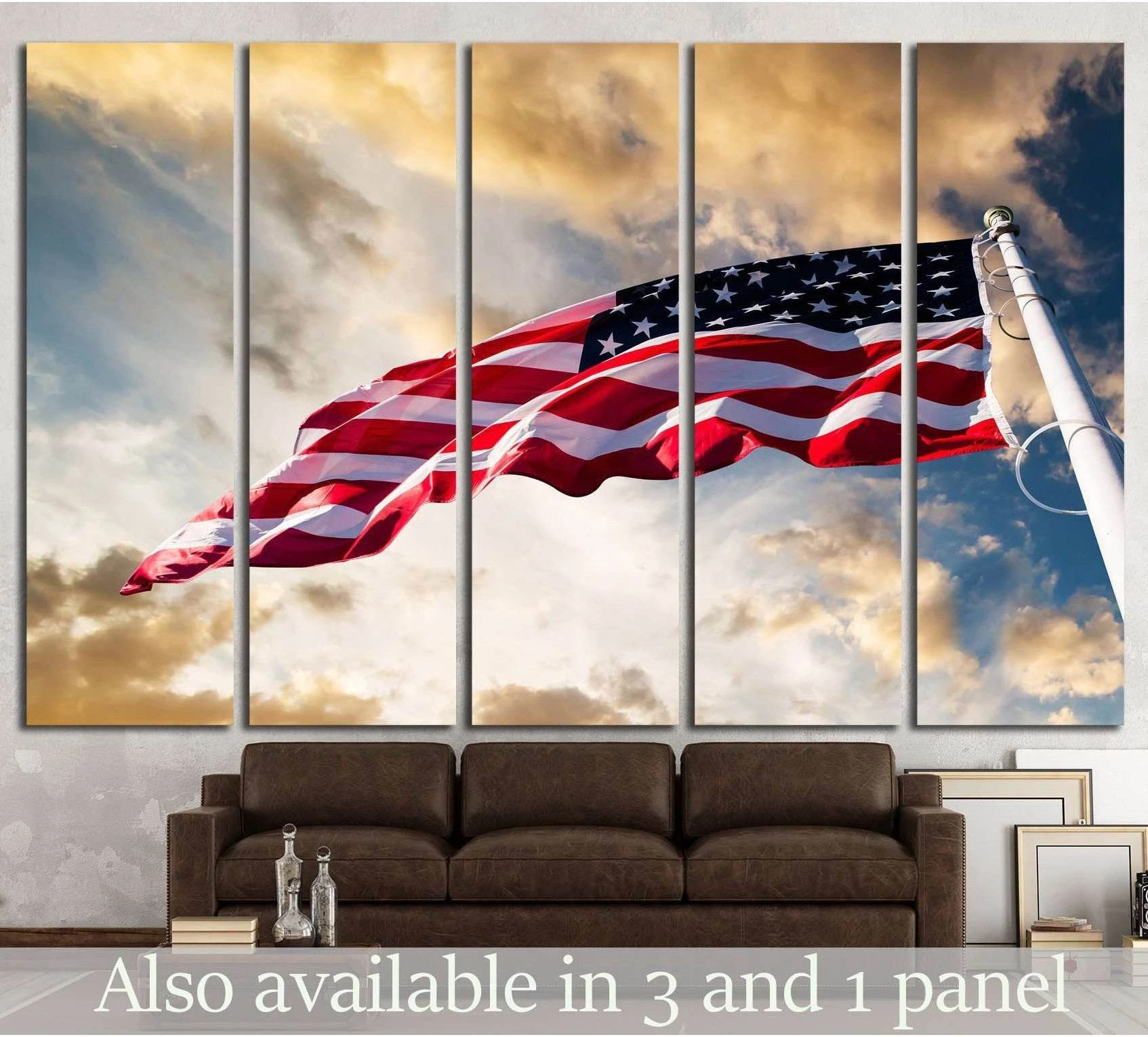 American flag canvas print waving against a golden cloudy sky above a sofa