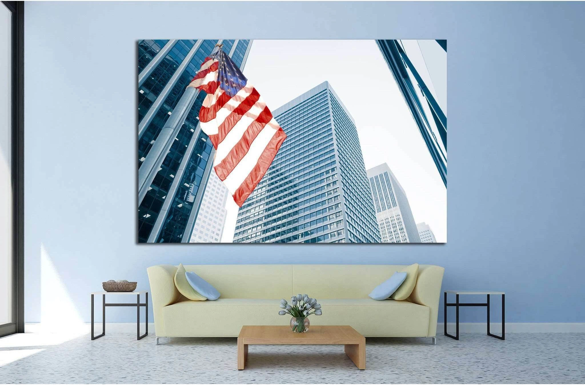 American flag on blue building №1288 Ready to Hang Canvas Print - Zellart Canvas Prints ALL_Products, s-1288