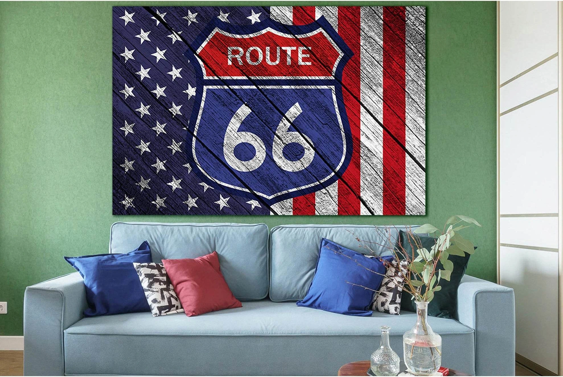 American Flag Route 66 On Old Wood №SL1201 Ready to Hang Canvas Print - Zellart Canvas Prints 0new, ALL_Products, Flags