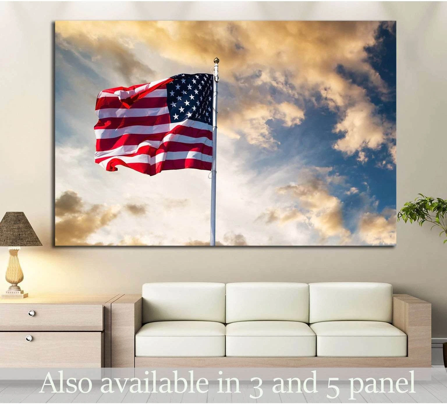 American flag waving on a flagpole canvas print against a golden cloud sky above a sofa