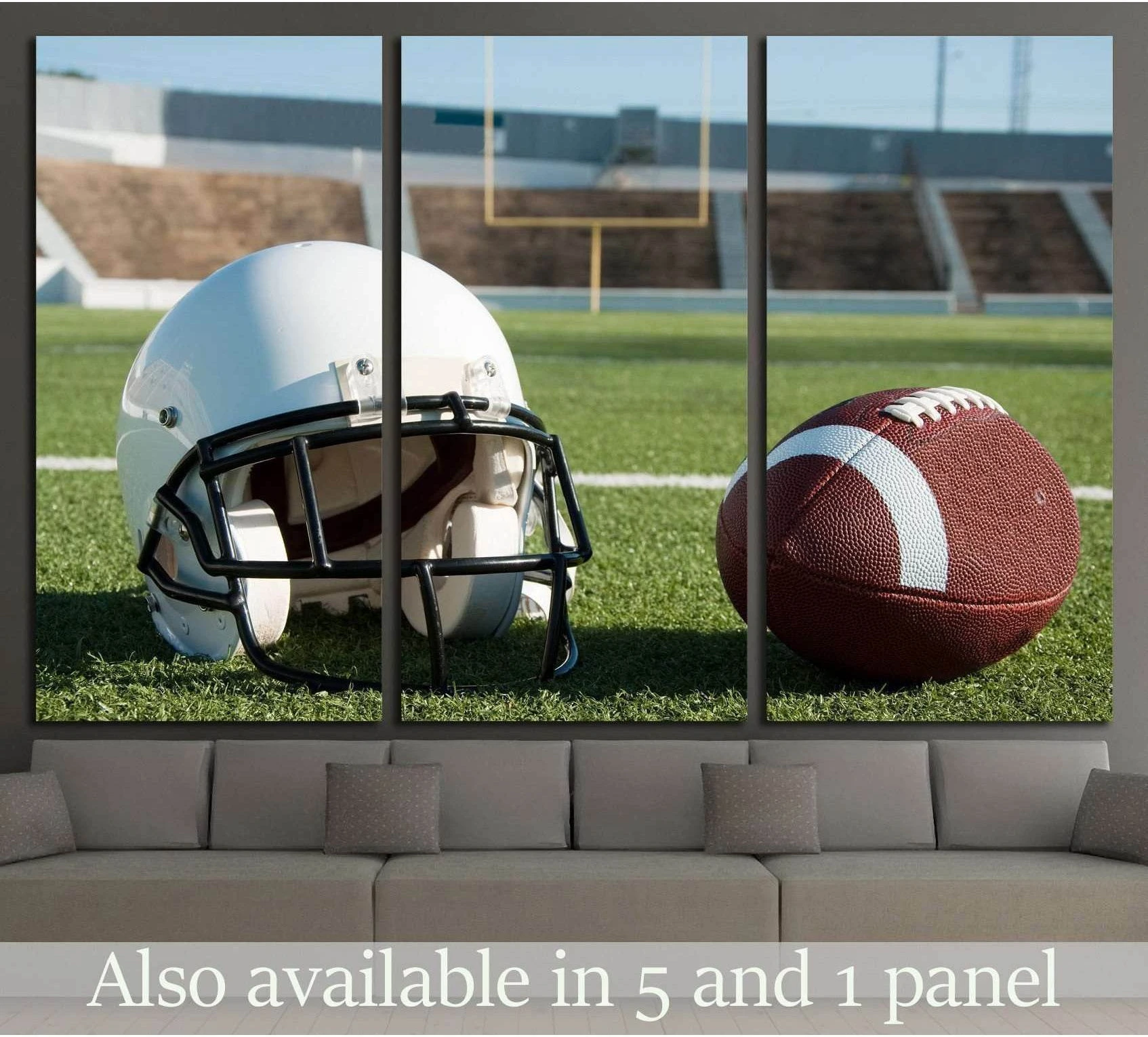 Football helmet and ball on turf canvas print displayed above sofa in a modern living room