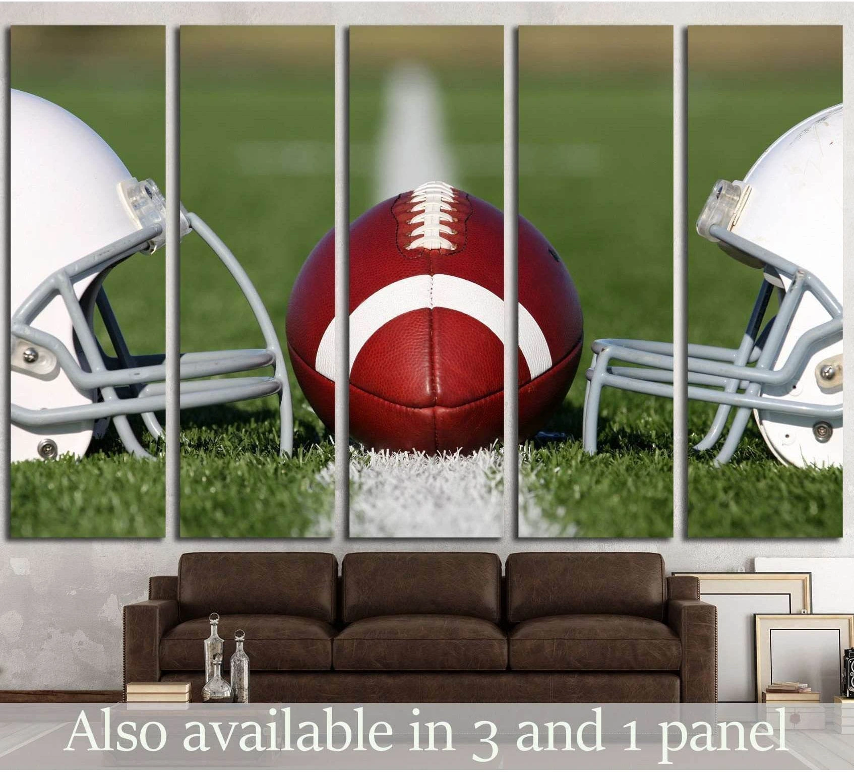 American football and white helmets on the field canvas print above sofa in sports room