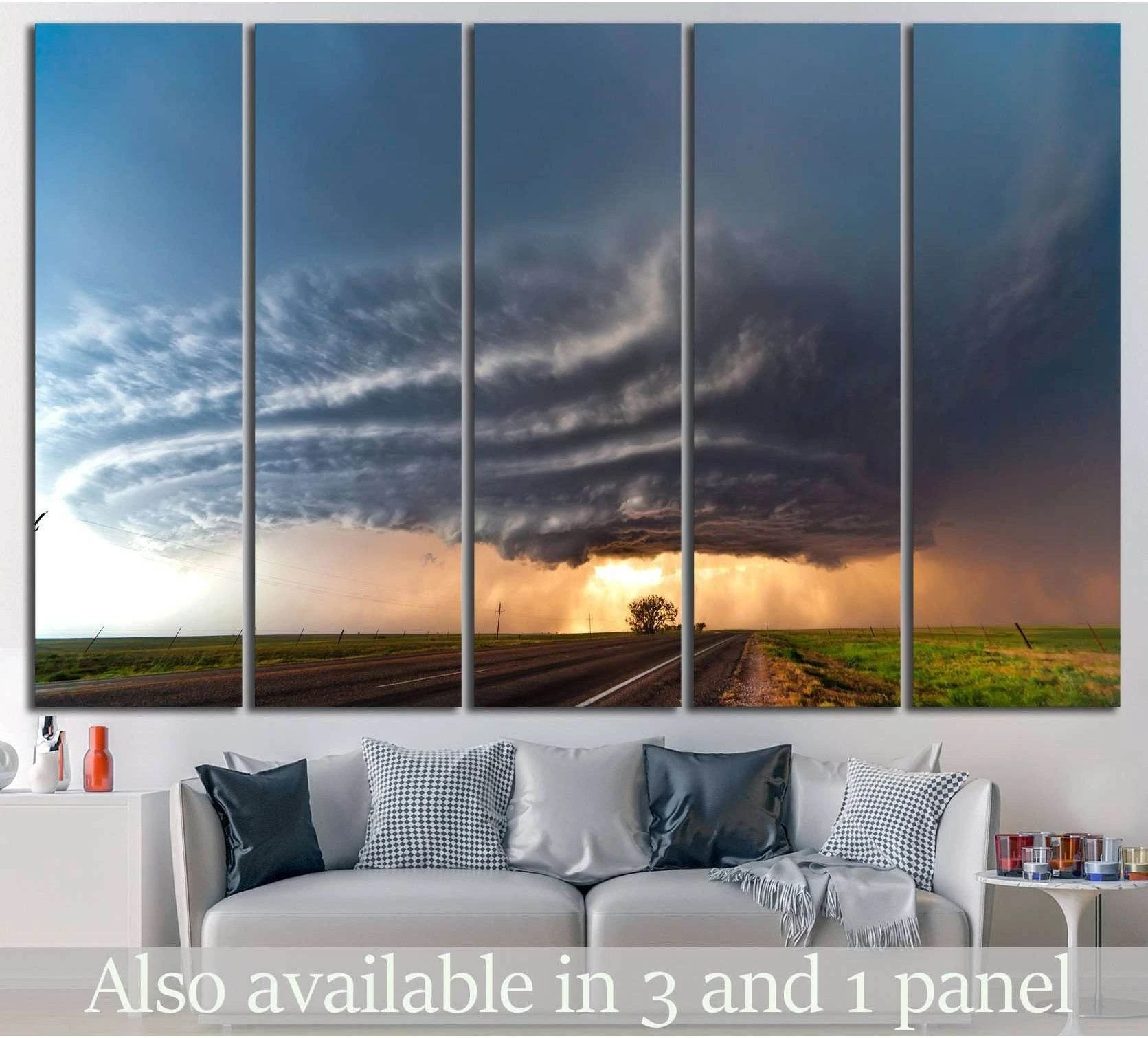 Five-panel supercell storm canvas print above sofa with blue-gray clouds over the American plains at sunset