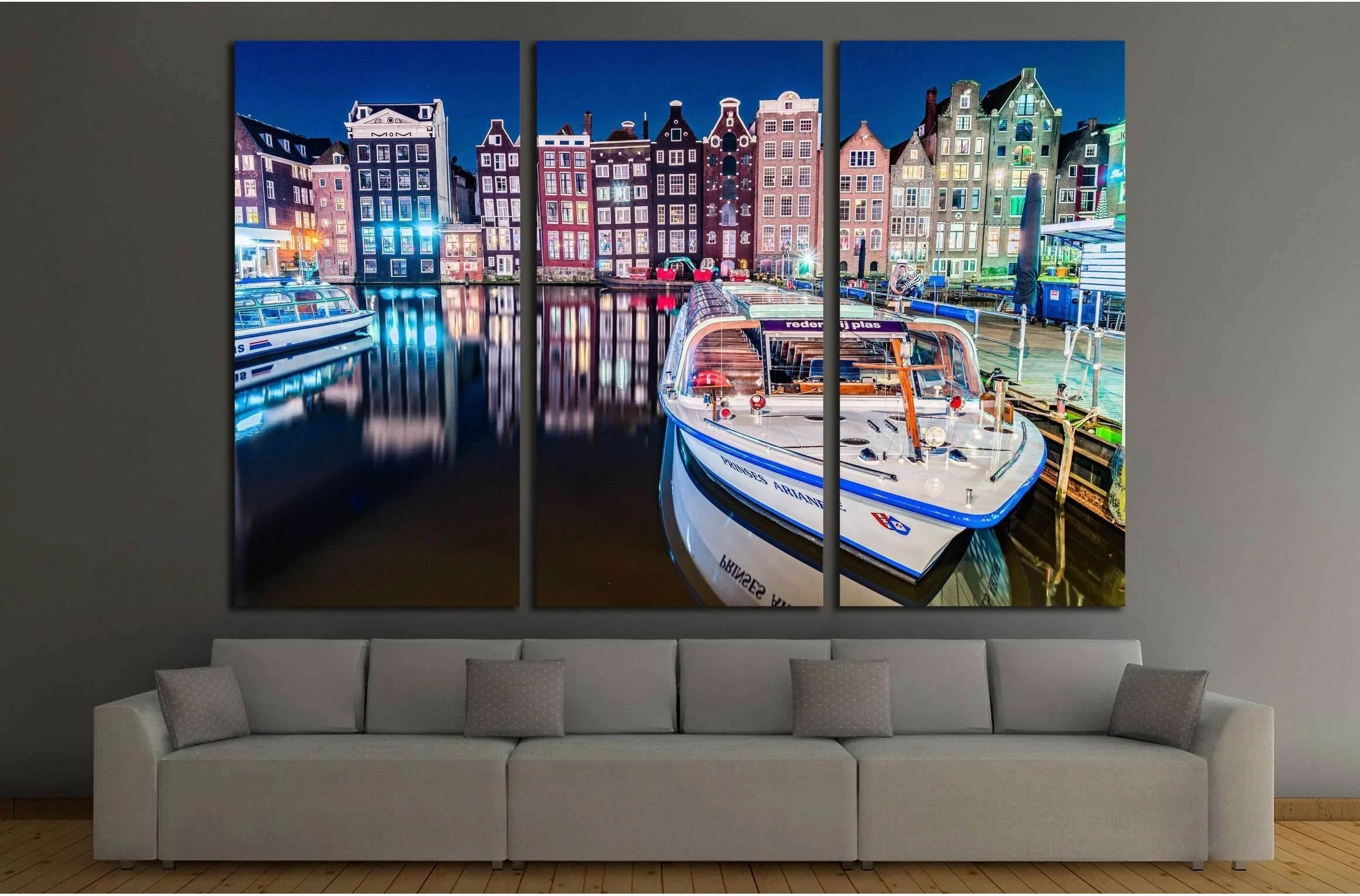Amsterdam city view at Central Damrak with passenger boat and reflection in the water at night, Amsterdam Netherlands №2384 Ready to Hang Canvas Print - Zellart Canvas Prints ALL_Products, s-2384