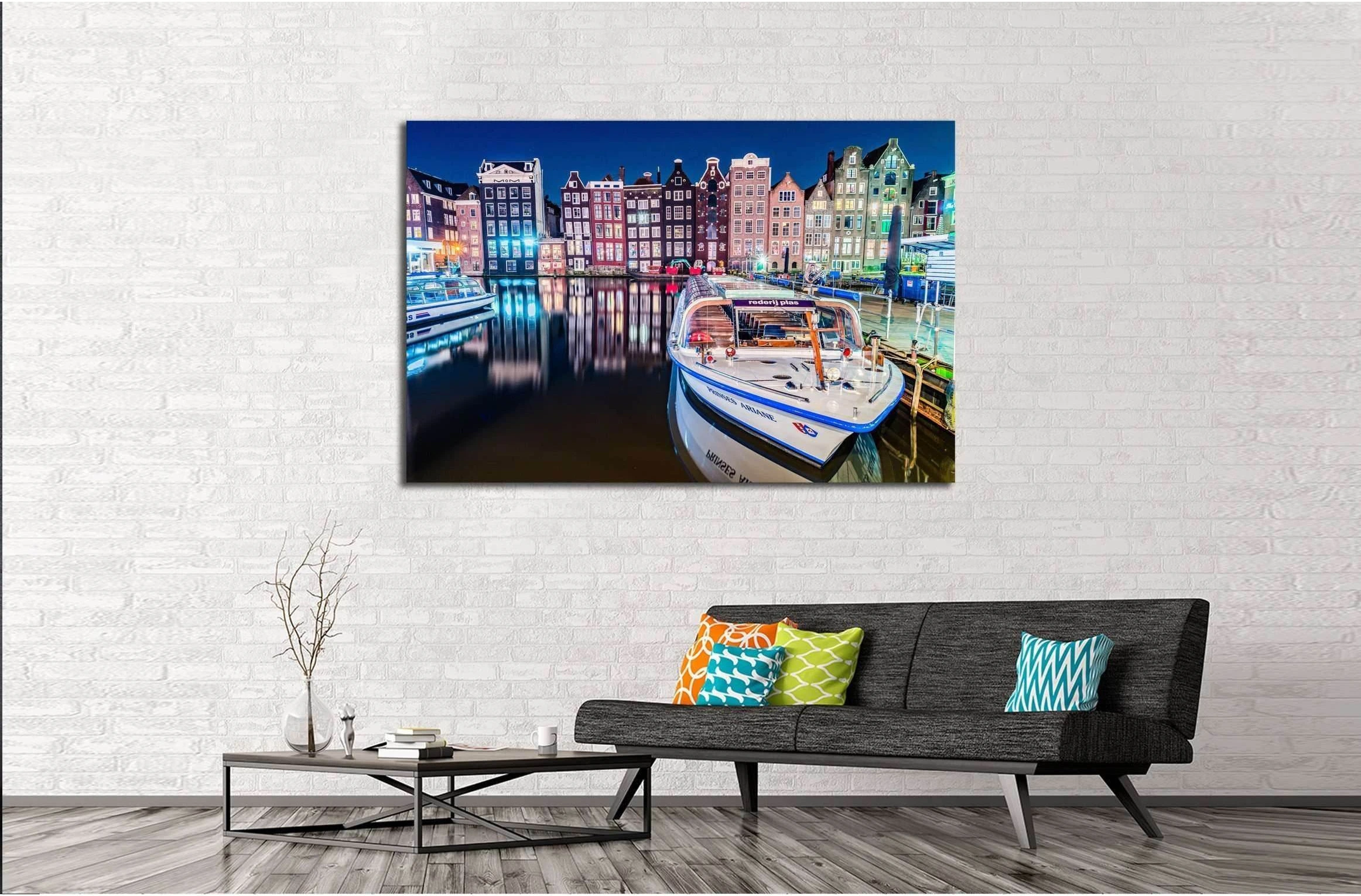 Amsterdam city view at Central Damrak with passenger boat and reflection in the water at night, Amsterdam Netherlands №2384 Ready to Hang Canvas Print - Zellart Canvas Prints ALL_Products, s-2384