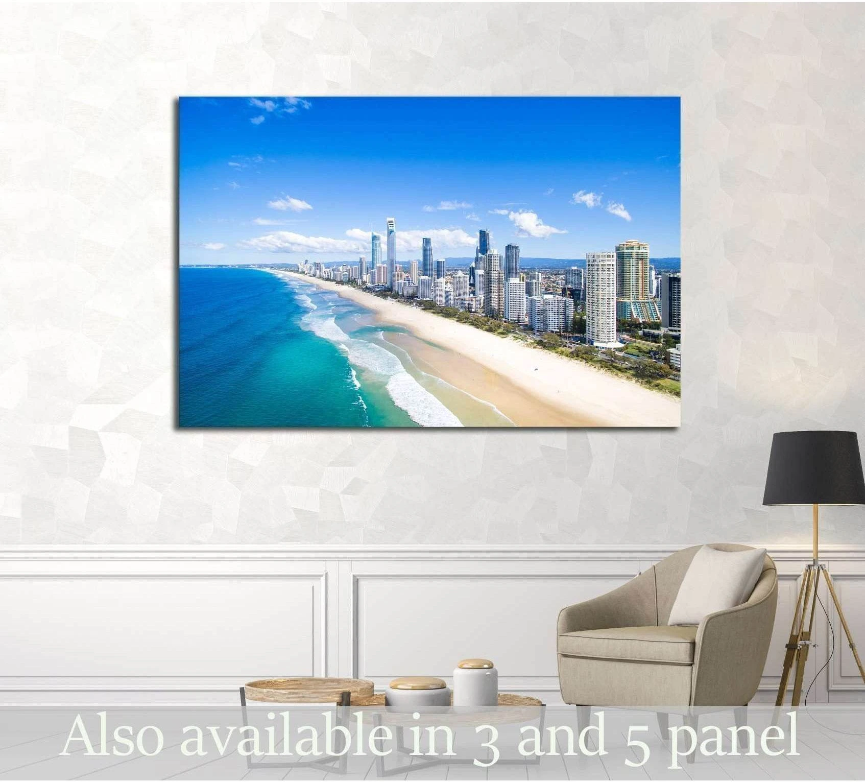 Surfers Paradise aerial beach canvas print above sofa in a bright coastal living room