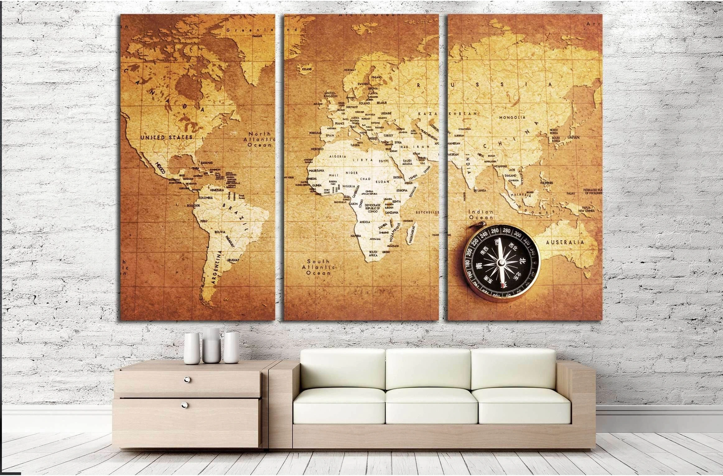 An old brass compass on a Treasure map background №2812 Ready to Hang Canvas Print - Zellart Canvas Prints ALL_Products, s-2812