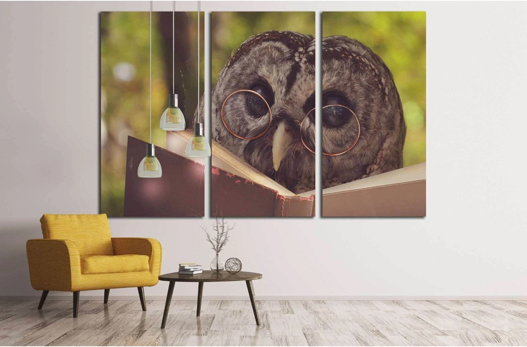 An owl animal with glasses is reading a book in the woods №1849 Ready to Hang Canvas Print - Zellart Canvas Prints ALL_Products, Owl, s-1849