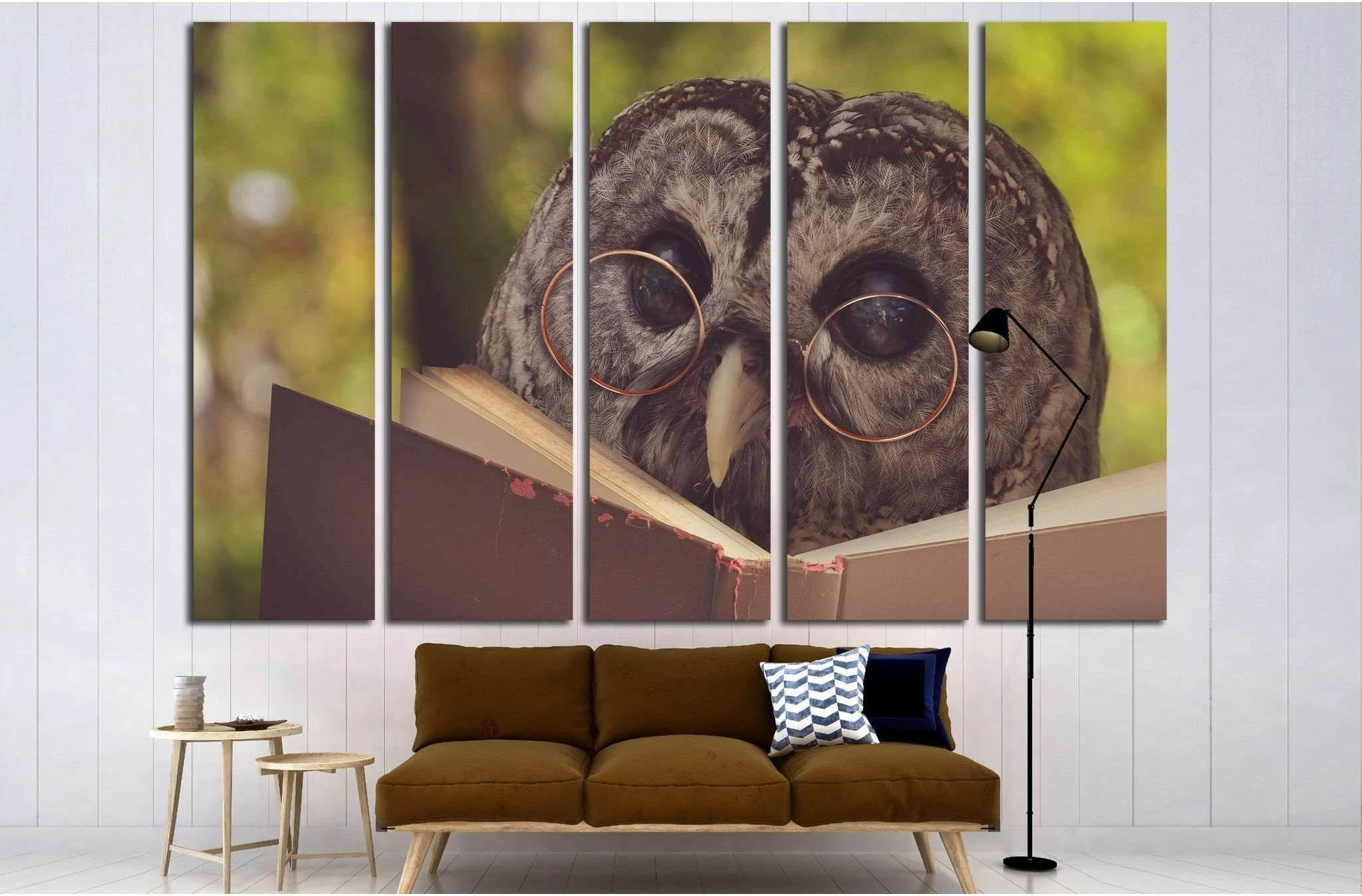 An owl animal with glasses is reading a book in the woods №1849 Ready to Hang Canvas Print - Zellart Canvas Prints ALL_Products, Owl, s-1849