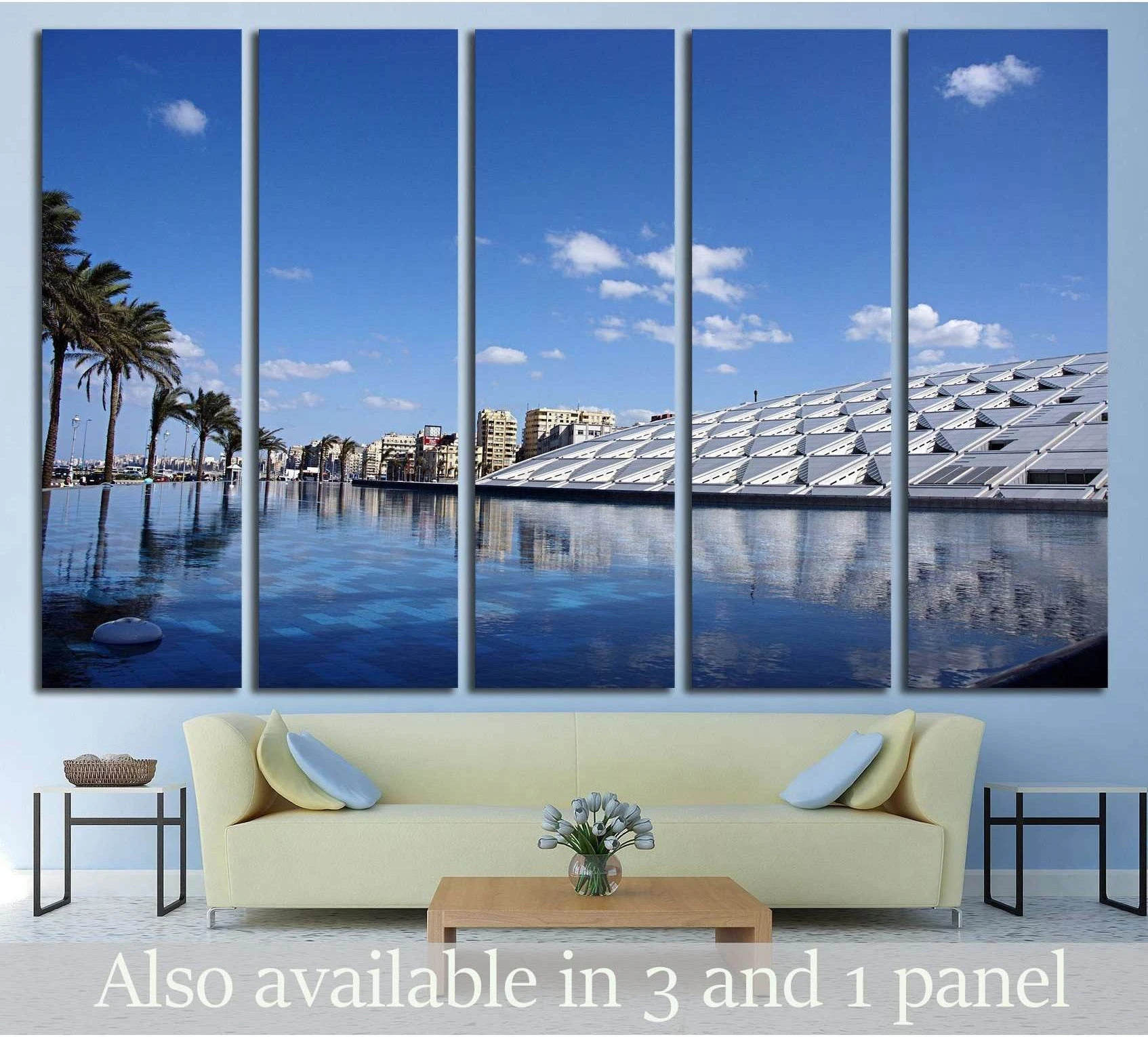 Bibliotheca Alexandrina canvas print above sofa with blue reflecting pool and palm-lined Alexandria waterfront