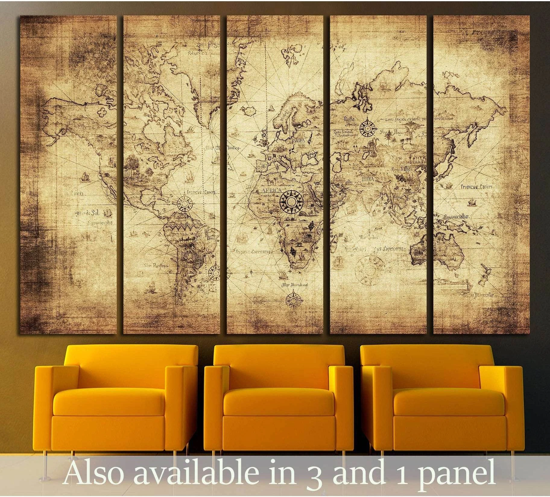 Antique world map canvas print in sepia tones displayed as multi-panel wall art above mustard chairs