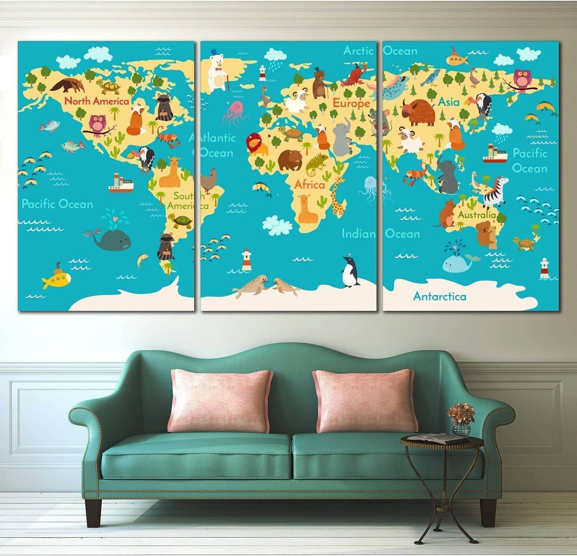 Animals world map for kids room №794 Ready to Hang Canvas Print - Zellart Canvas Prints ALL_Products, z-794