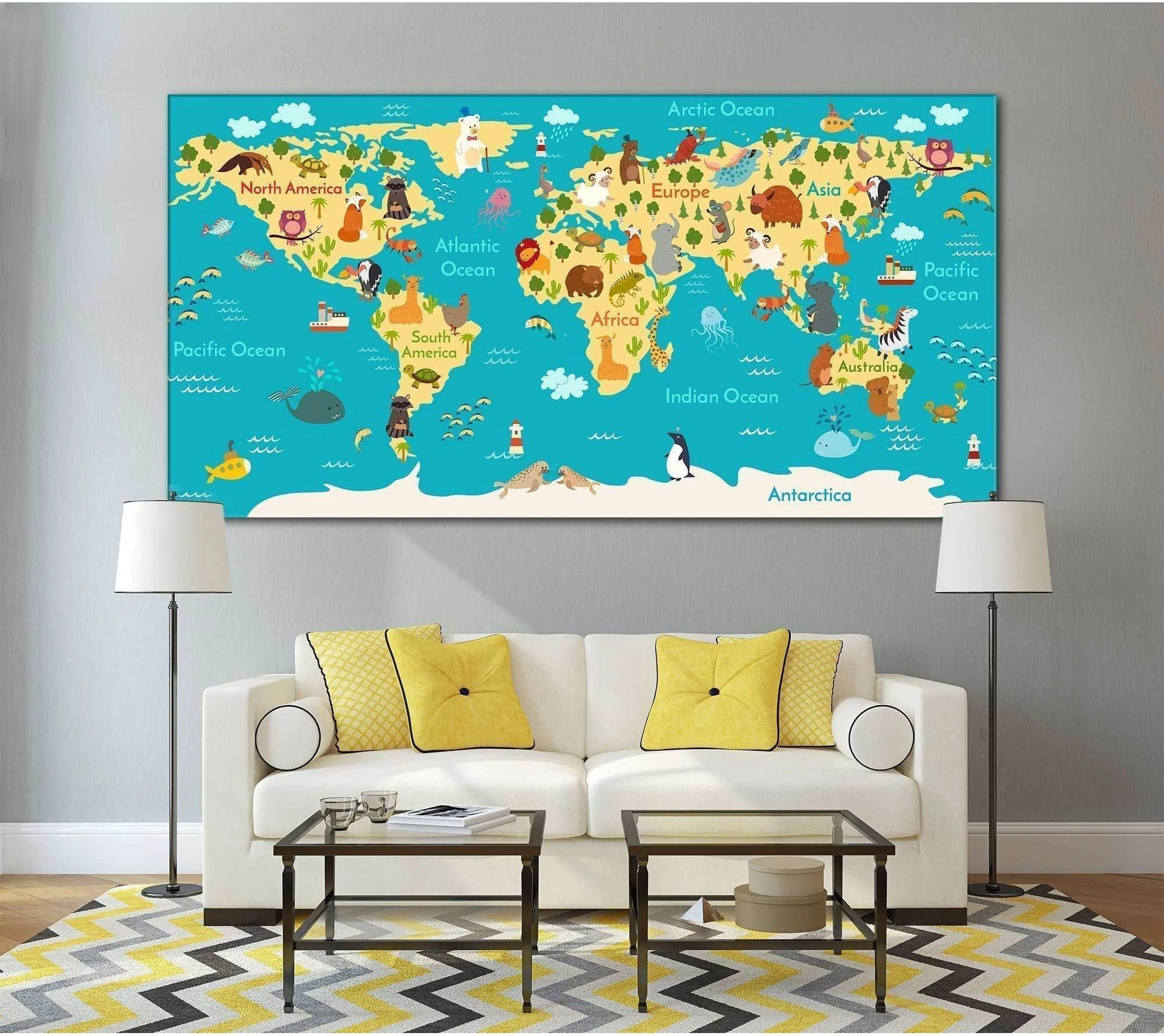 Animals world map for kids room №794 Ready to Hang Canvas Print - Zellart Canvas Prints ALL_Products, z-794