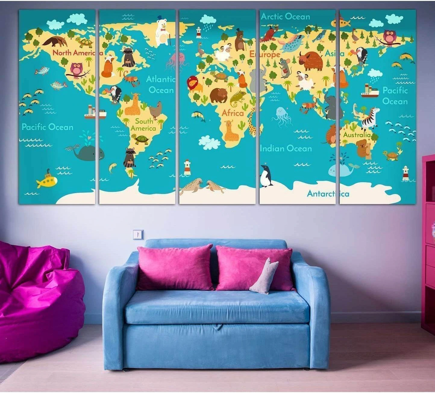 Kids animal world map canvas print in five panels above a blue sofa in a colorful nursery room