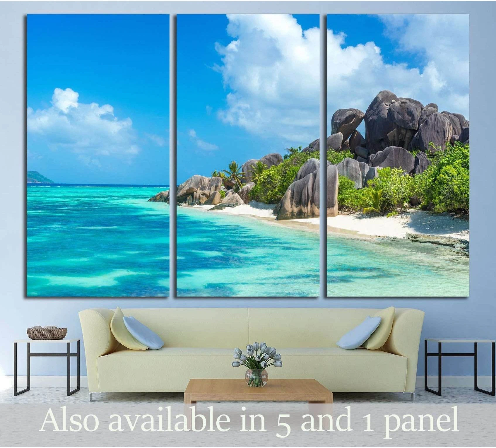 Anse Source d'Argent - granite rocks at beautiful beach on tropical island La Digue in Seychelles showing sea water, shoreline and horizon depth.