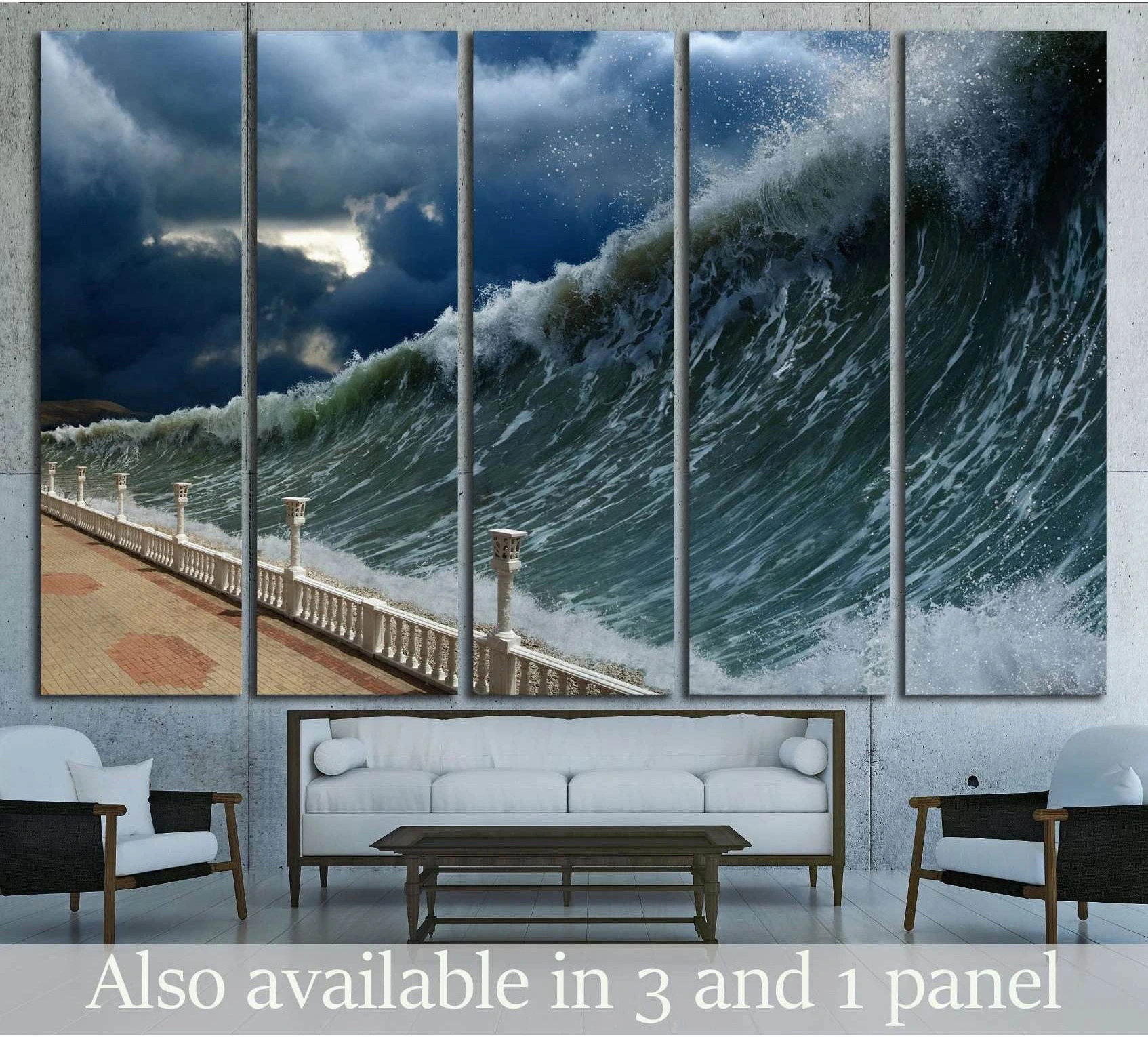 Apocalyptic dramatic background - giant tsunami waves, dark stormy sky showing ocean water, wave movement and surf.