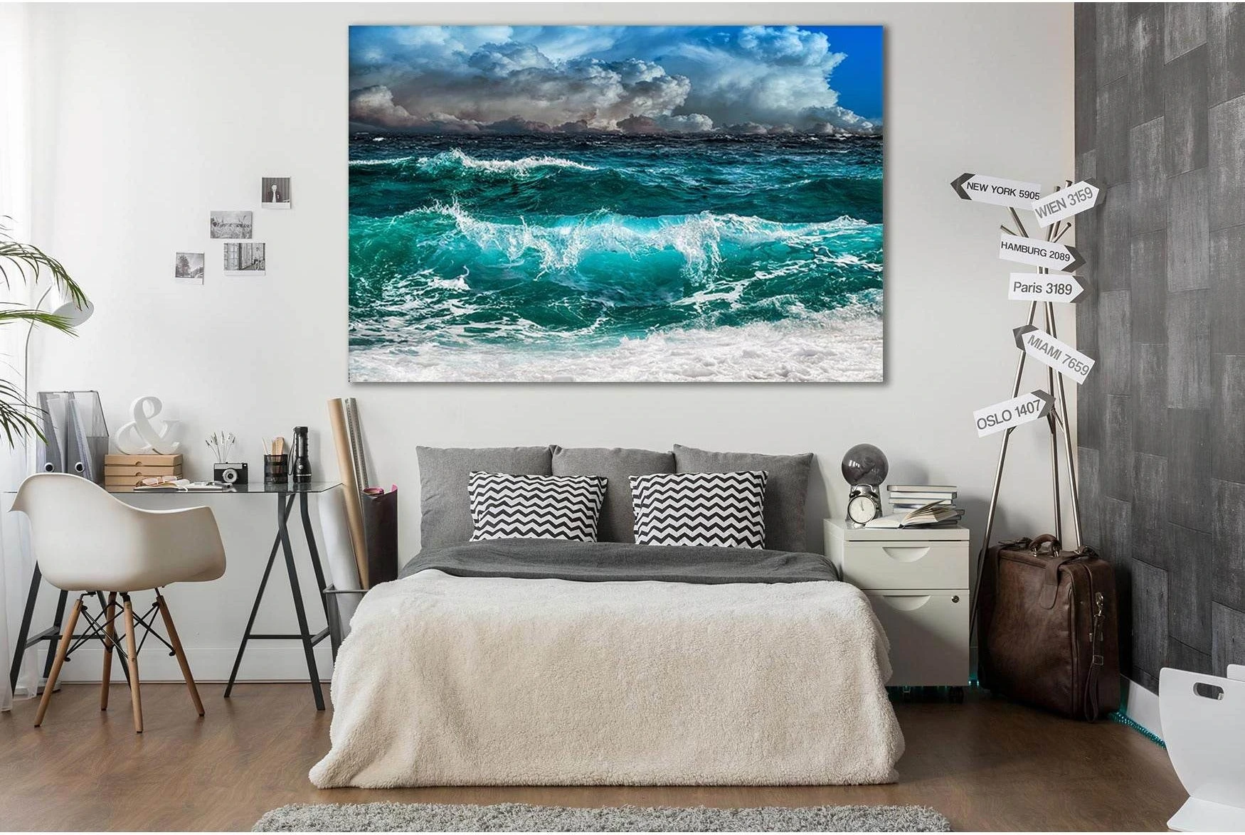 Stormy Ocean Waves Canvas Wall Art in Teal and Blue showing ocean water, wave movement and surf.