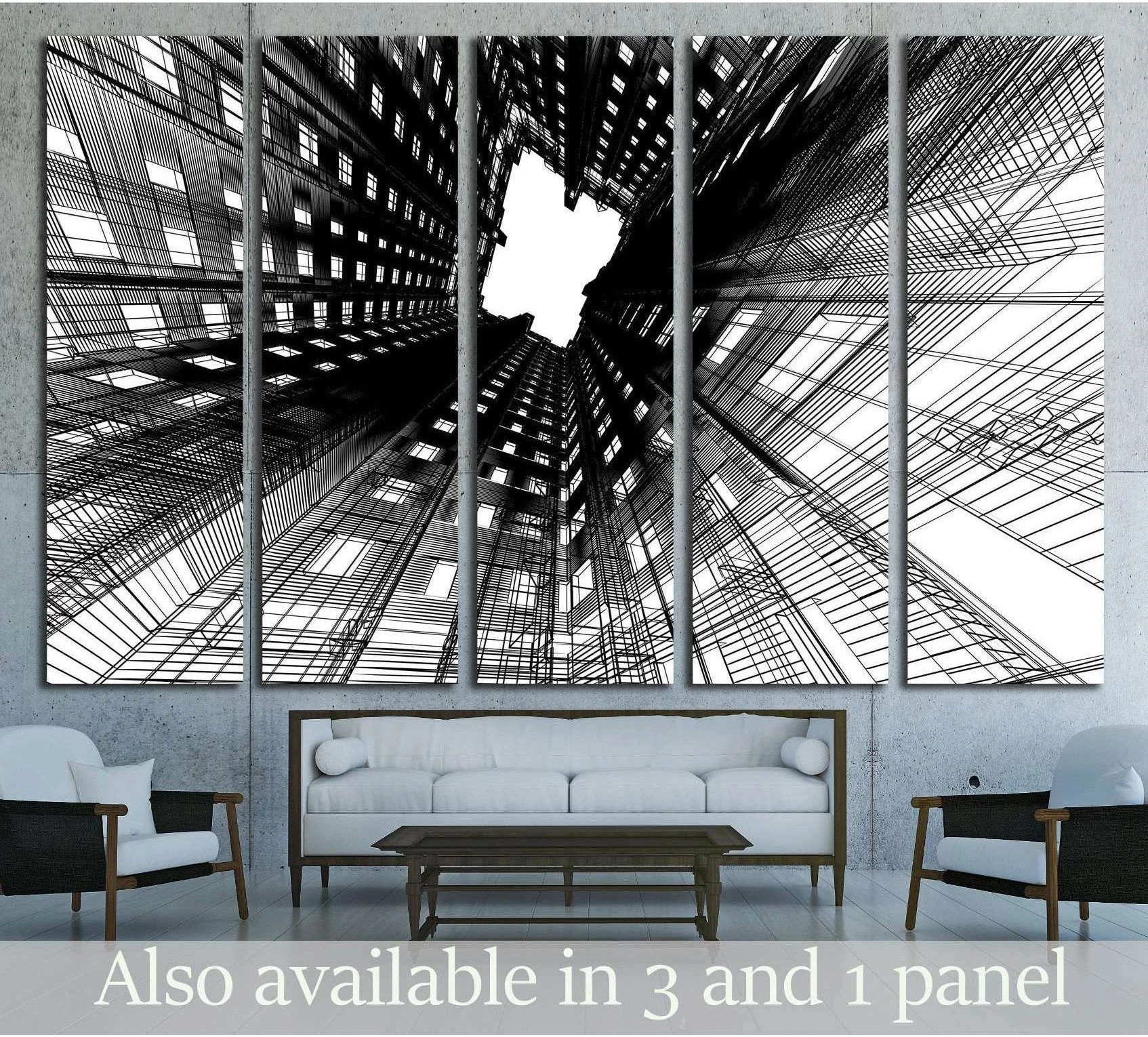 Black and white architectural canvas print with upward skyscraper lines in a modern living room