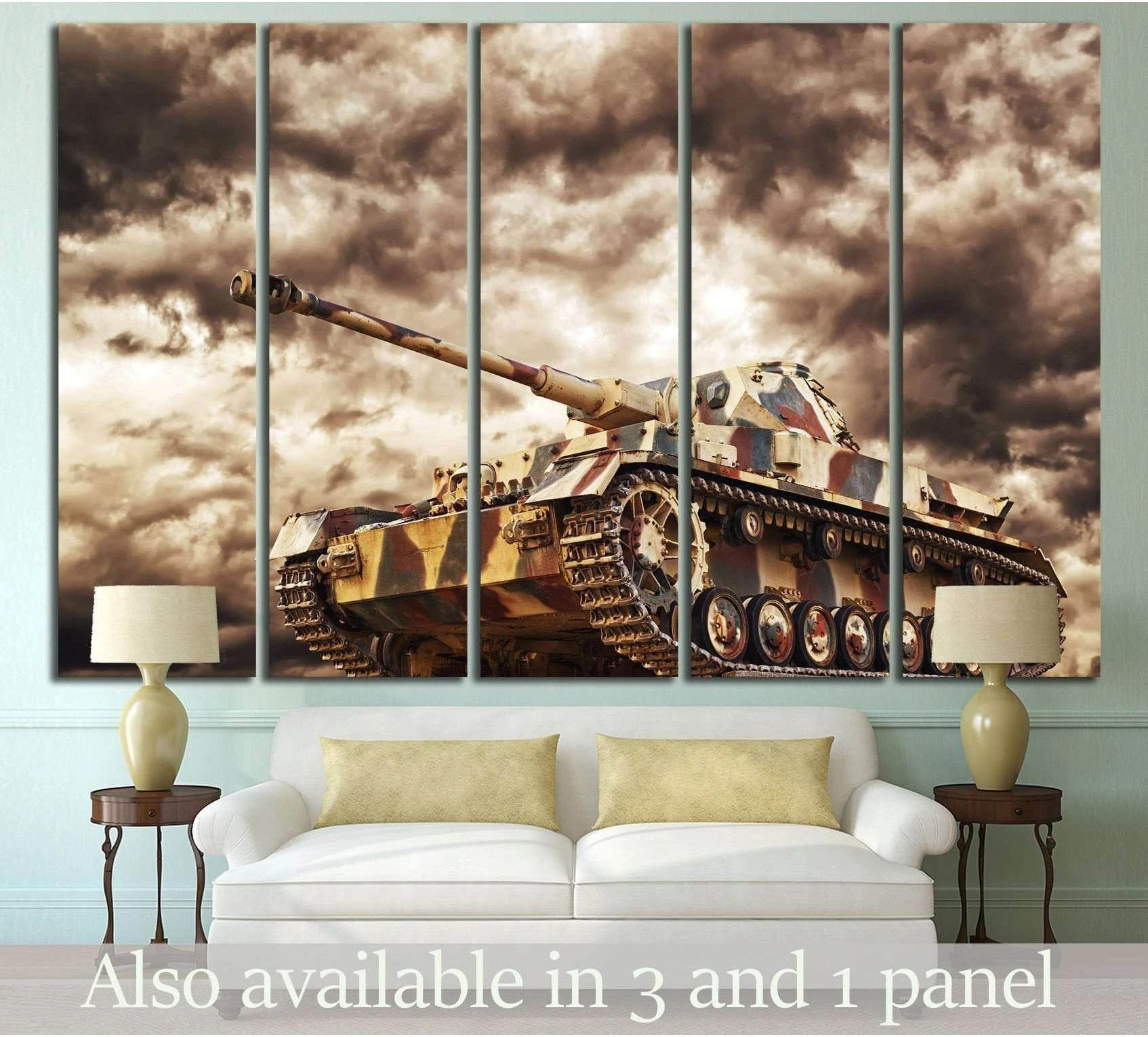 Sepia armored tank canvas print under storm clouds displayed above a sofa in a living room mockup