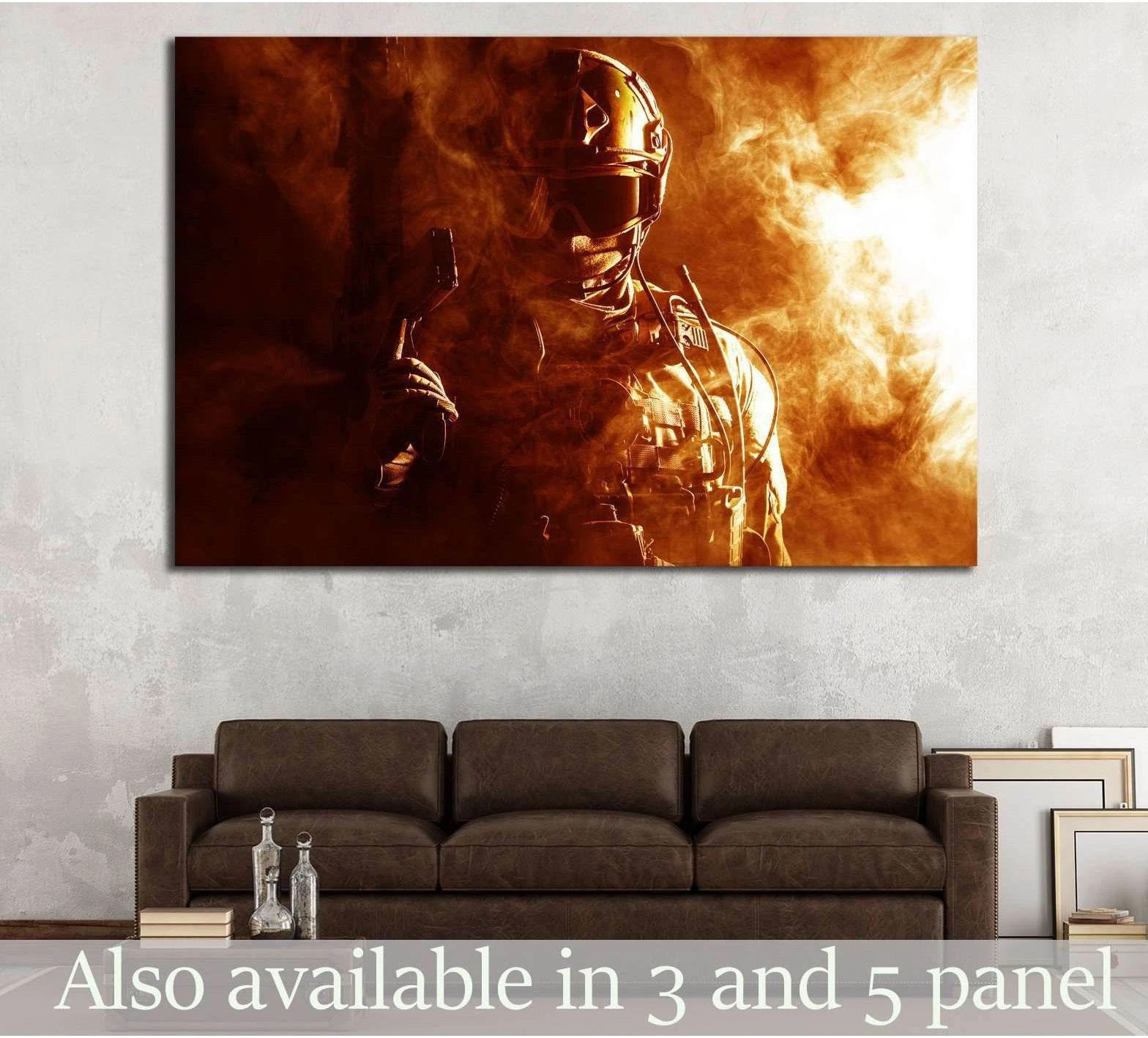 Tactical soldier canvas print in orange smoke displayed above a brown sofa in a modern living room