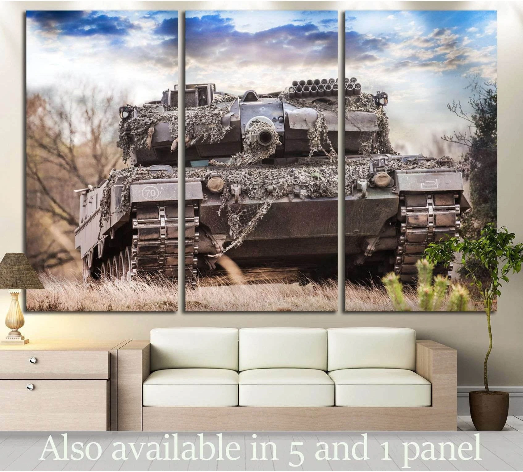Front-facing army tank canvas print above sofa in modern living room mockup