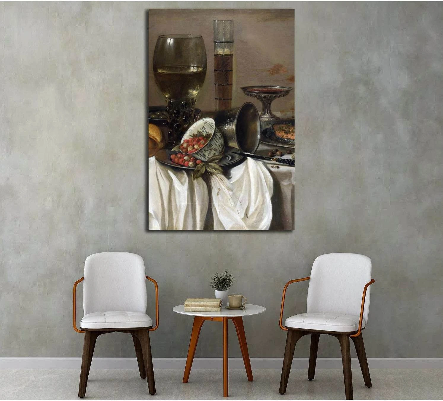 Baroque still life canvas print with wine glass, cherries, and pewter tableware in a neutral room mockup