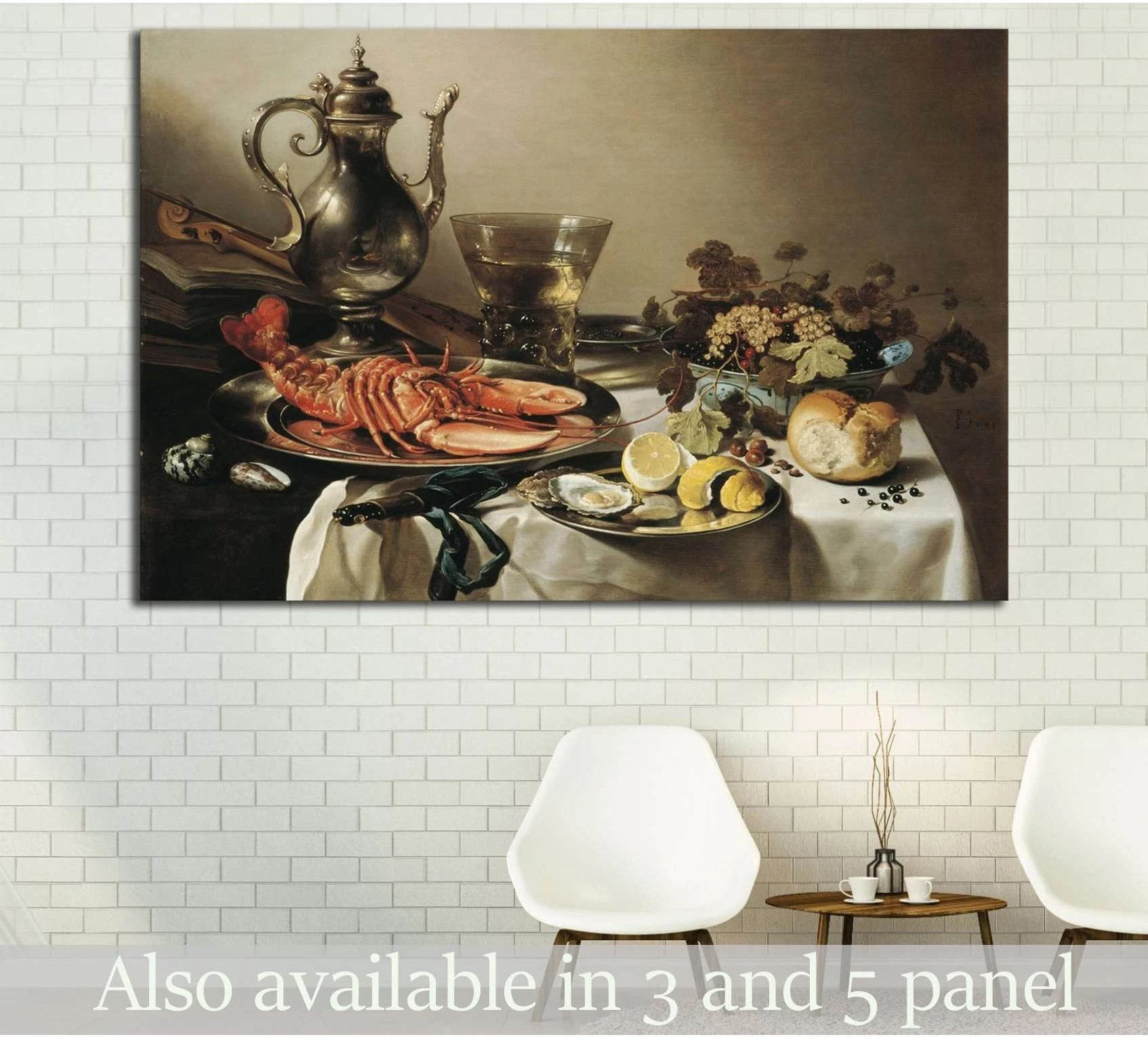 Lobster still life canvas print with silver ewer, oysters, lemons, and bread above dining chairs