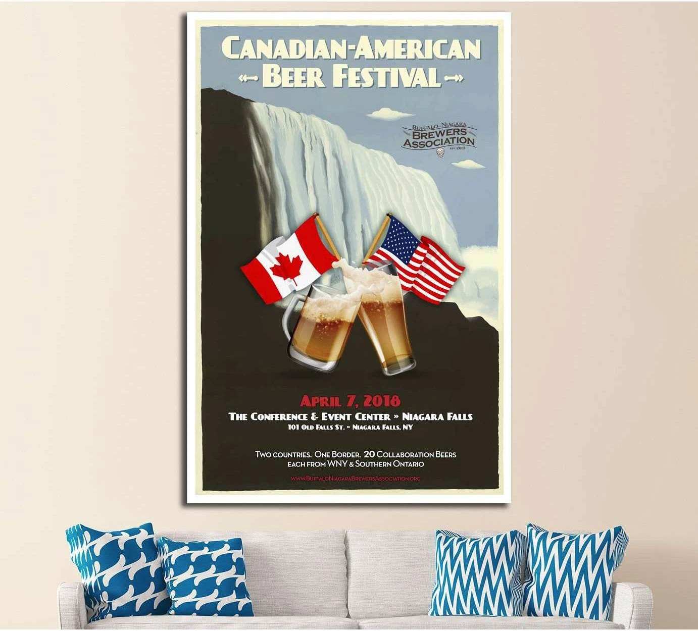 Canadian-American Beer Festival canvas print with Niagara Falls, beer glasses, and US and Canada flags above a sofa