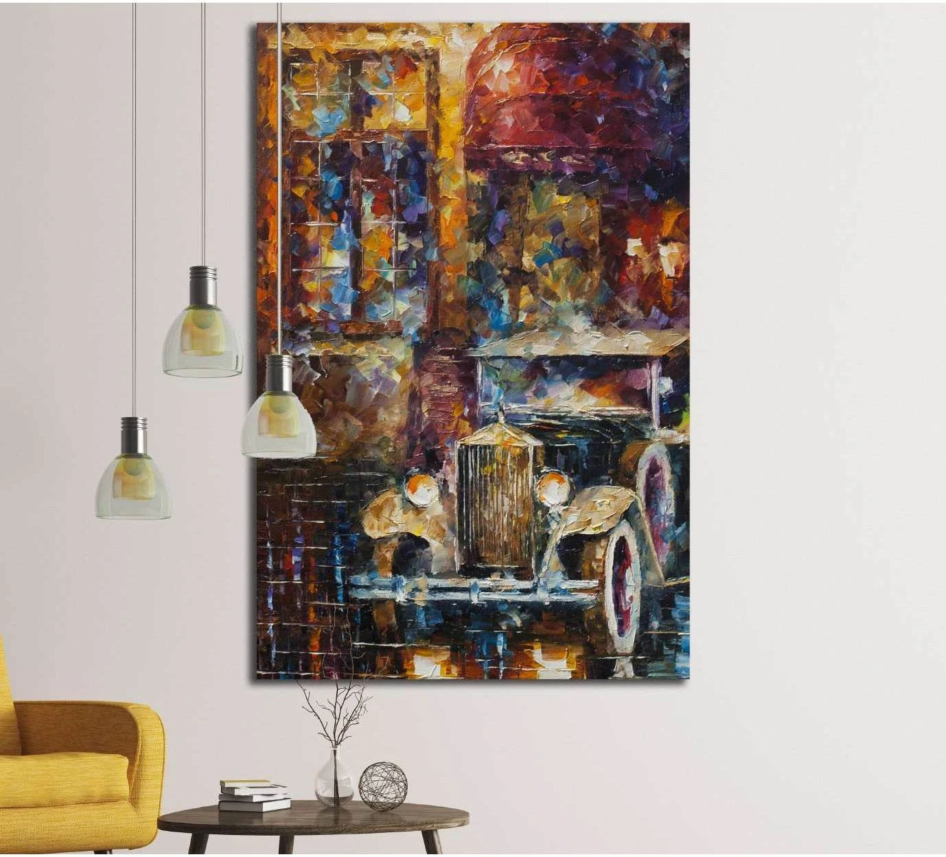 Impressionist vintage car canvas print with rich gold and blue tones in a warm retro street scene
