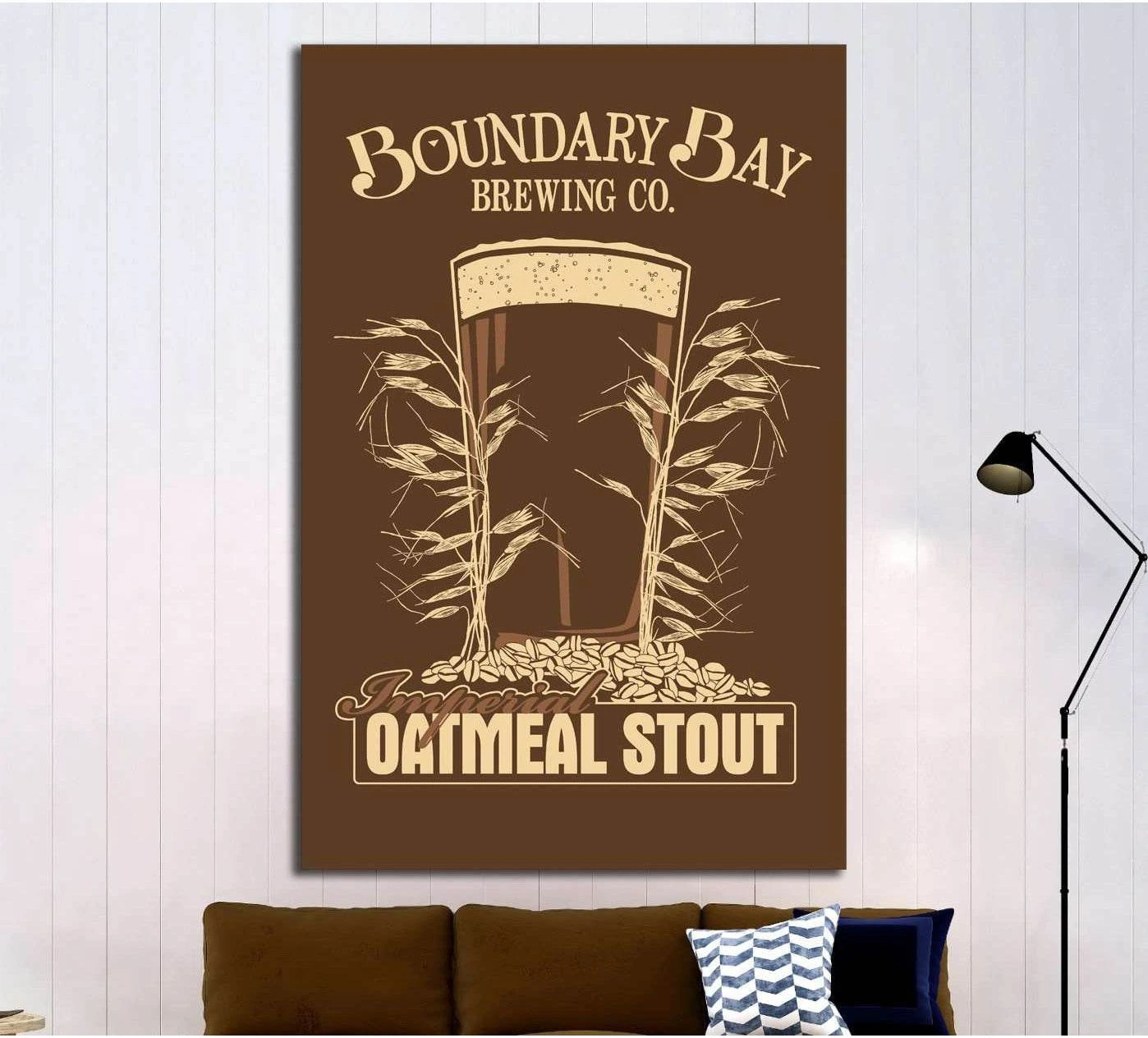 Vintage oatmeal stout poster canvas print with beer glass and oat stalks above a sofa