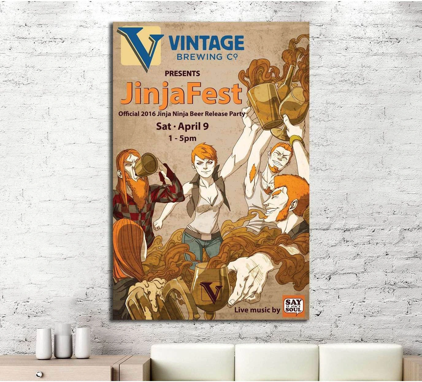 Vintage brewery festival poster canvas print with beer mugs and partygoers, displayed above sofa