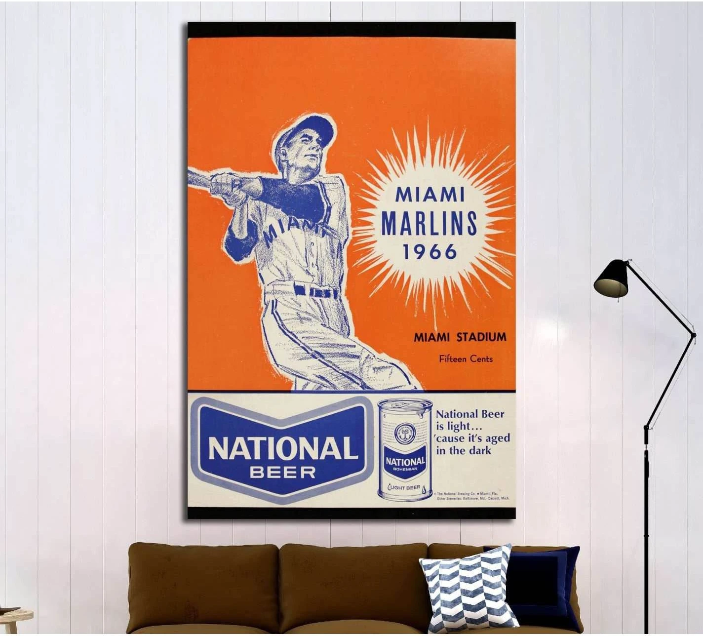 Miami Marlins 1966 vintage baseball canvas print above sofa in a retro sports room