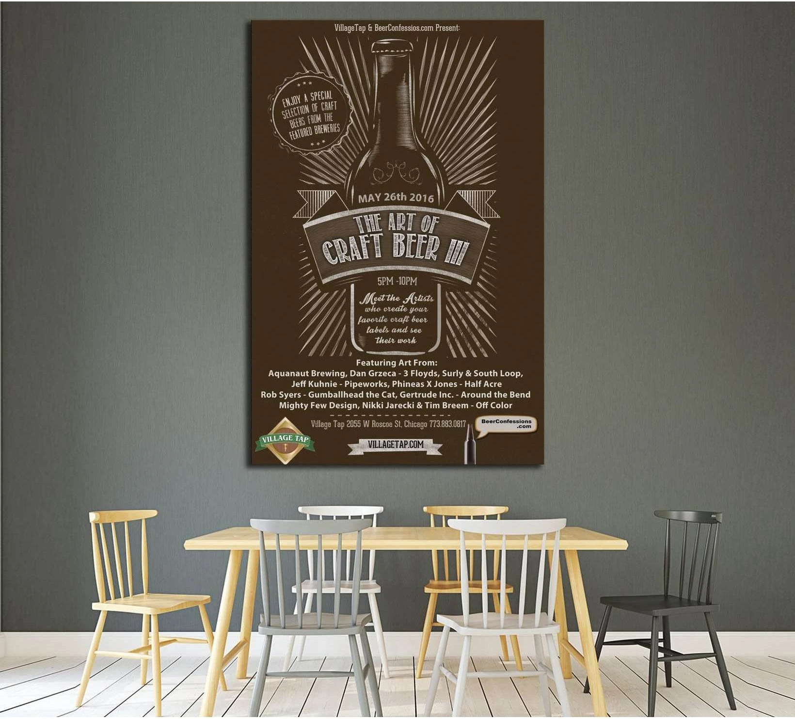 Vintage craft beer poster canvas print with bottle silhouette above dining table
