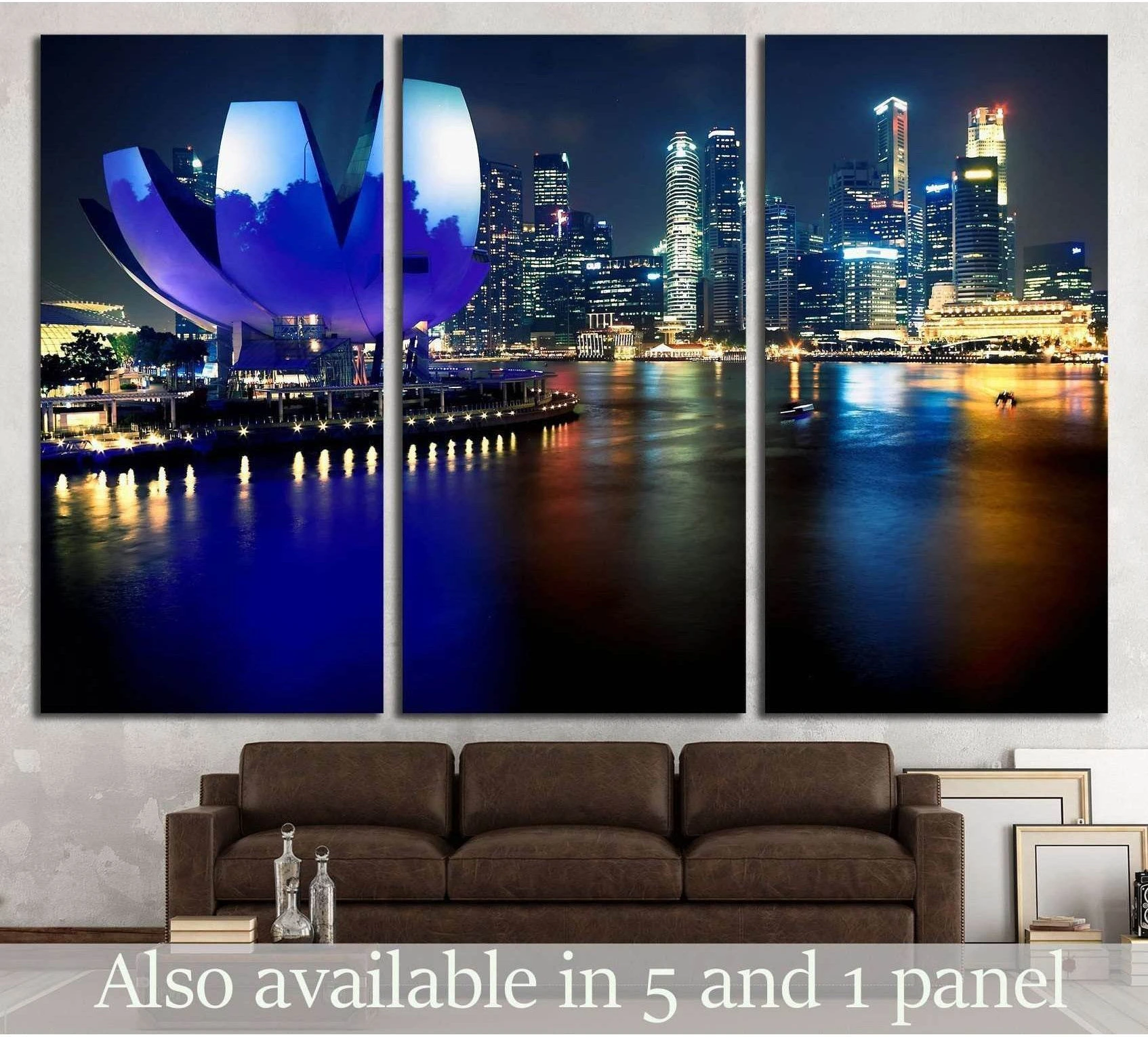Singapore skyline triptych canvas print with ArtScience Museum above sofa in modern living room