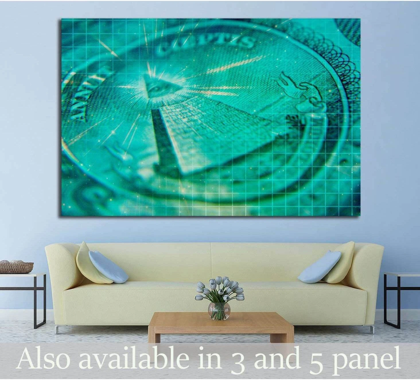 Teal money canvas print with pyramid eye motif hung above sofa in a modern office-style living room